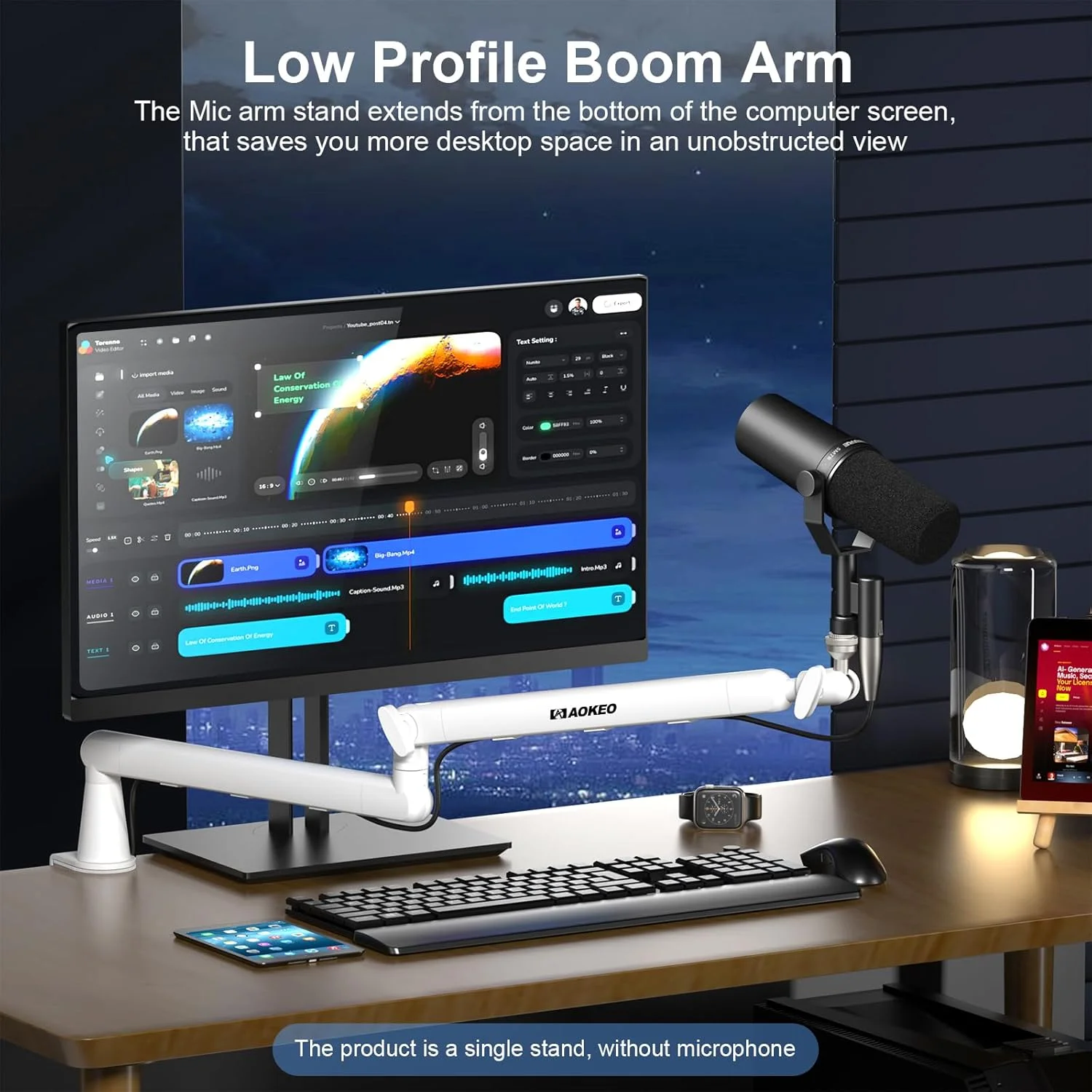 بازوی میکروفون Aokeo AK-55، پایه بازویی میکروفون رومیزی قابل تنظیم با نمای کم، مناسب برای Blue Yeti، Snowball iCE، HyperX QuadCast، SoloCast، Elgato Wave و غیره