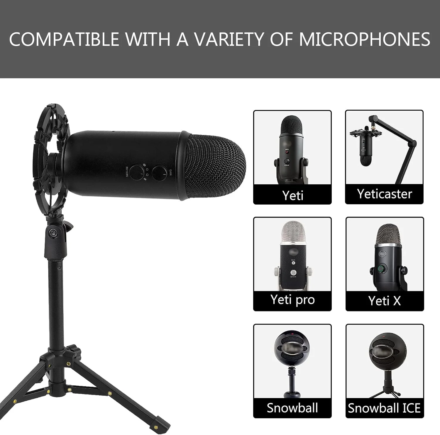 لرزه گیر میکروفون Geekria for Creators سازگار با Blue Yeti, Yeti X, Yeti Pro, Yeticaster, Snowball, Snowball ICE، گیره آداپتور ضد لرزش میکروفون مشکی