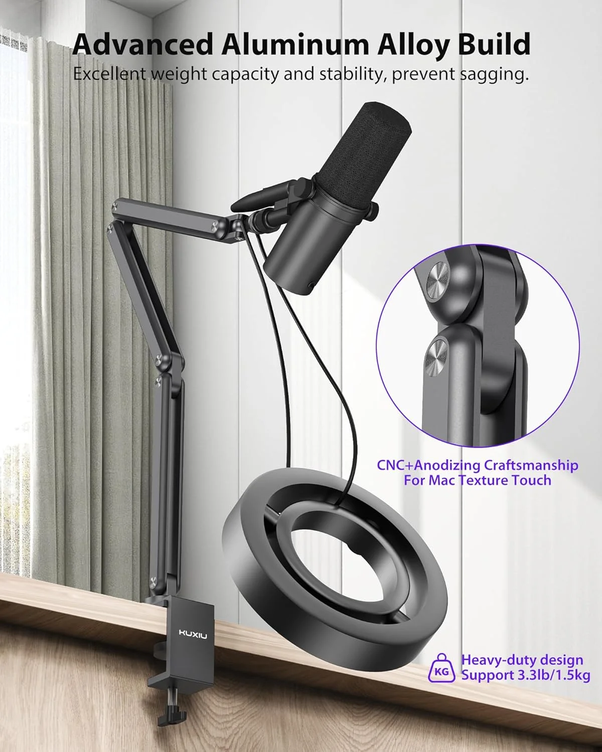 پایه میکروفون بازویی آلیاژ آلومینیوم KU XIU برای میز، پایه بازویی میکروفون سه قسمتی قابل تنظیم با کانال های مدیریت کابل برای پادکست، ضبط، استریم، بازی، دفتر کار خانگی - خاکستری