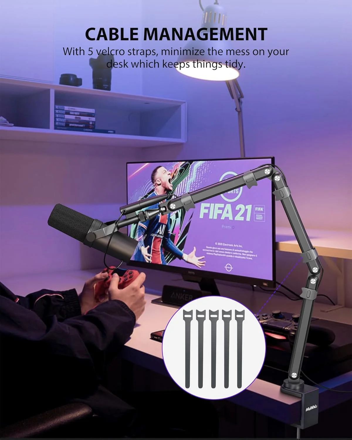 پایه میکروفون بازویی آلیاژ آلومینیوم KU XIU برای میز، پایه بازویی میکروفون سه قسمتی قابل تنظیم با کانال های مدیریت کابل برای پادکست، ضبط، استریم، بازی، دفتر کار خانگی - خاکستری