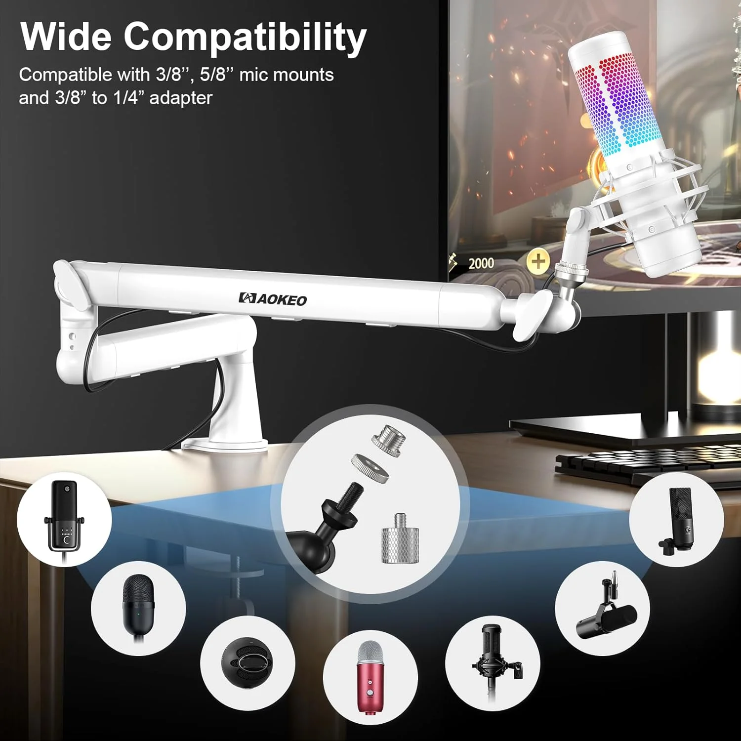بازوی میکروفون Aokeo AK-55، پایه بازویی میکروفون رومیزی قابل تنظیم با نمای کم، مناسب برای Blue Yeti، Snowball iCE، HyperX QuadCast، SoloCast، Elgato Wave و غیره