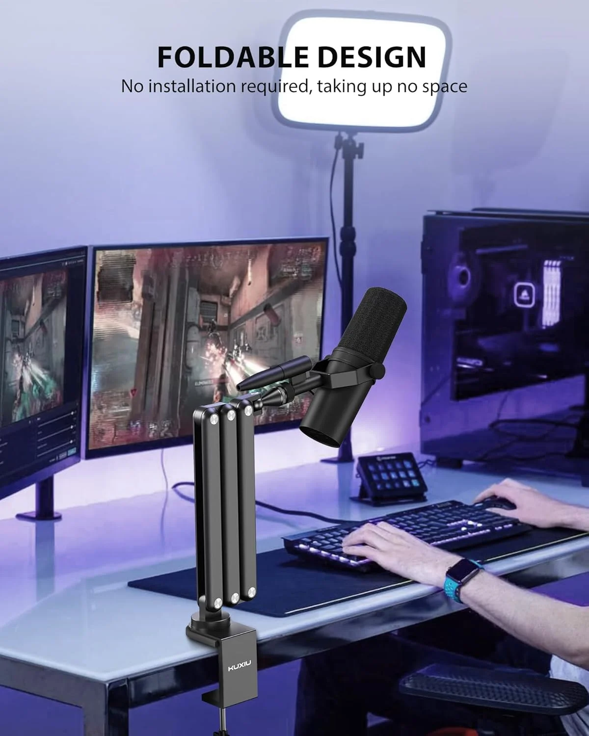 پایه میکروفون بازویی آلیاژ آلومینیوم KU XIU برای میز، پایه بازویی میکروفون سه قسمتی قابل تنظیم با کانال های مدیریت کابل برای پادکست، ضبط، استریم، بازی، دفتر کار خانگی - خاکستری