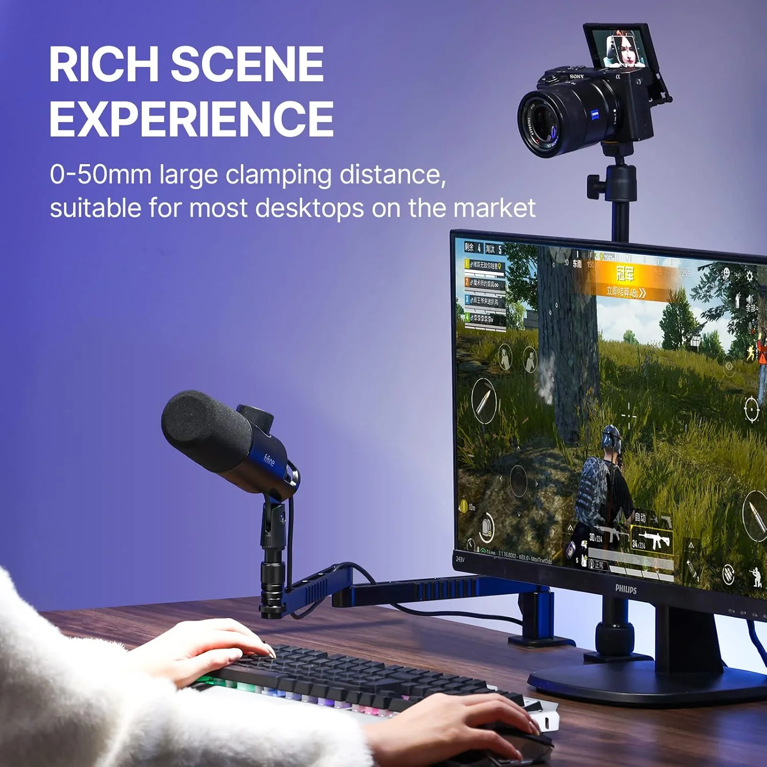 بازوی میکروفون کم ارتفاع ULANZI LS26، پایه رومیزی بازوی میکروفون آلومینیومی، بازوی پایین میکروفون تاشو با قابلیت چرخش 360 درجه برای استودیو پادکست/استریمینگ/بازی/رادیو با گیره میکروفون پیچ 1/4 اینچ 3/8 اینچ 5/8 اینچ برای اکثر میکروفون ها