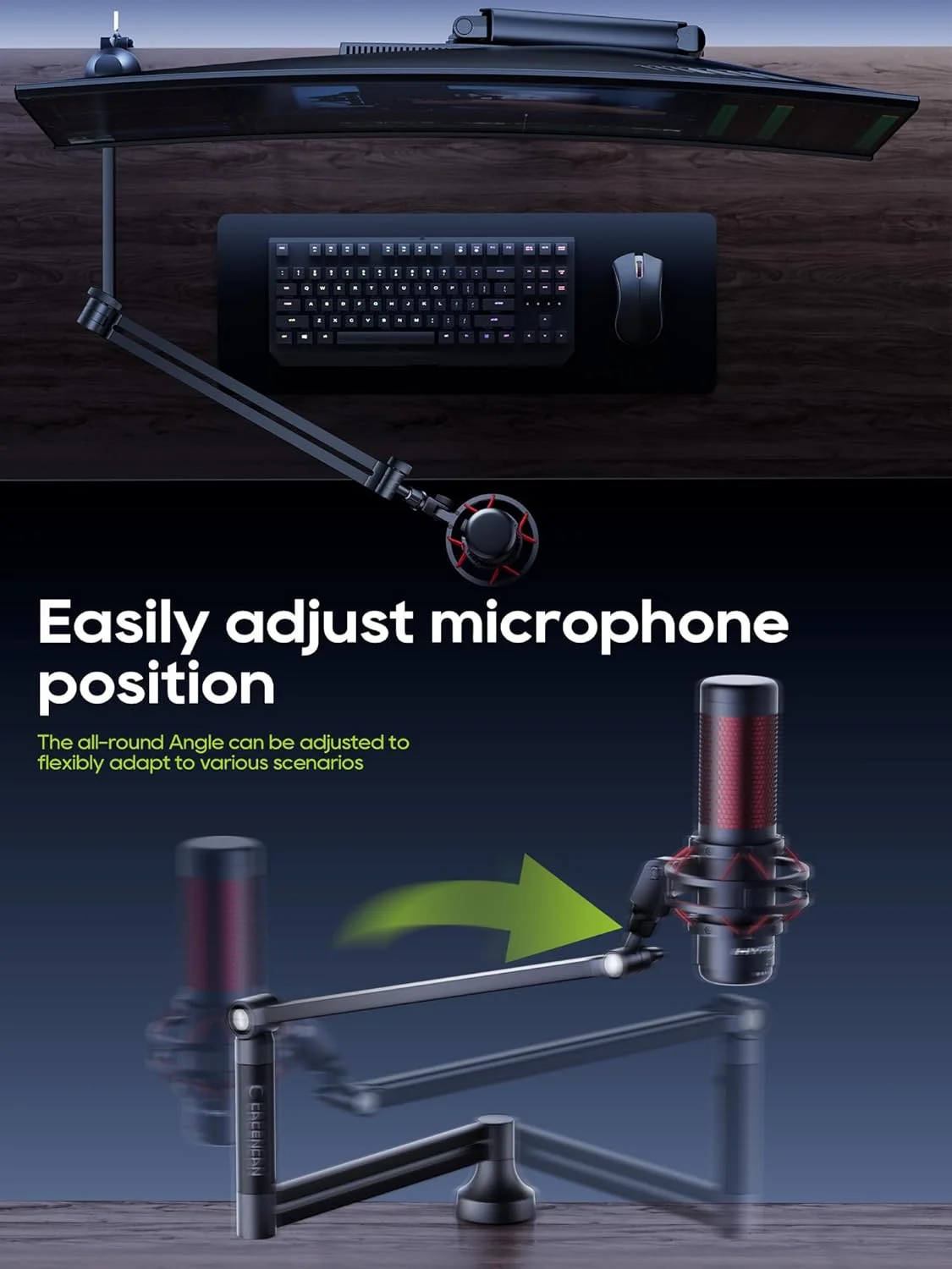 بازوی میکروفون M05 Pro، پایه میکروفون با قابلیت چرخش 360 درجه با گیره رومیزی، بازوی میکروفون تاشو با آداپتور پیچ 3/8 اینچ به 5/8 اینچ، بازوی میکروفون برای پخش زنده، بازی (مشکی)