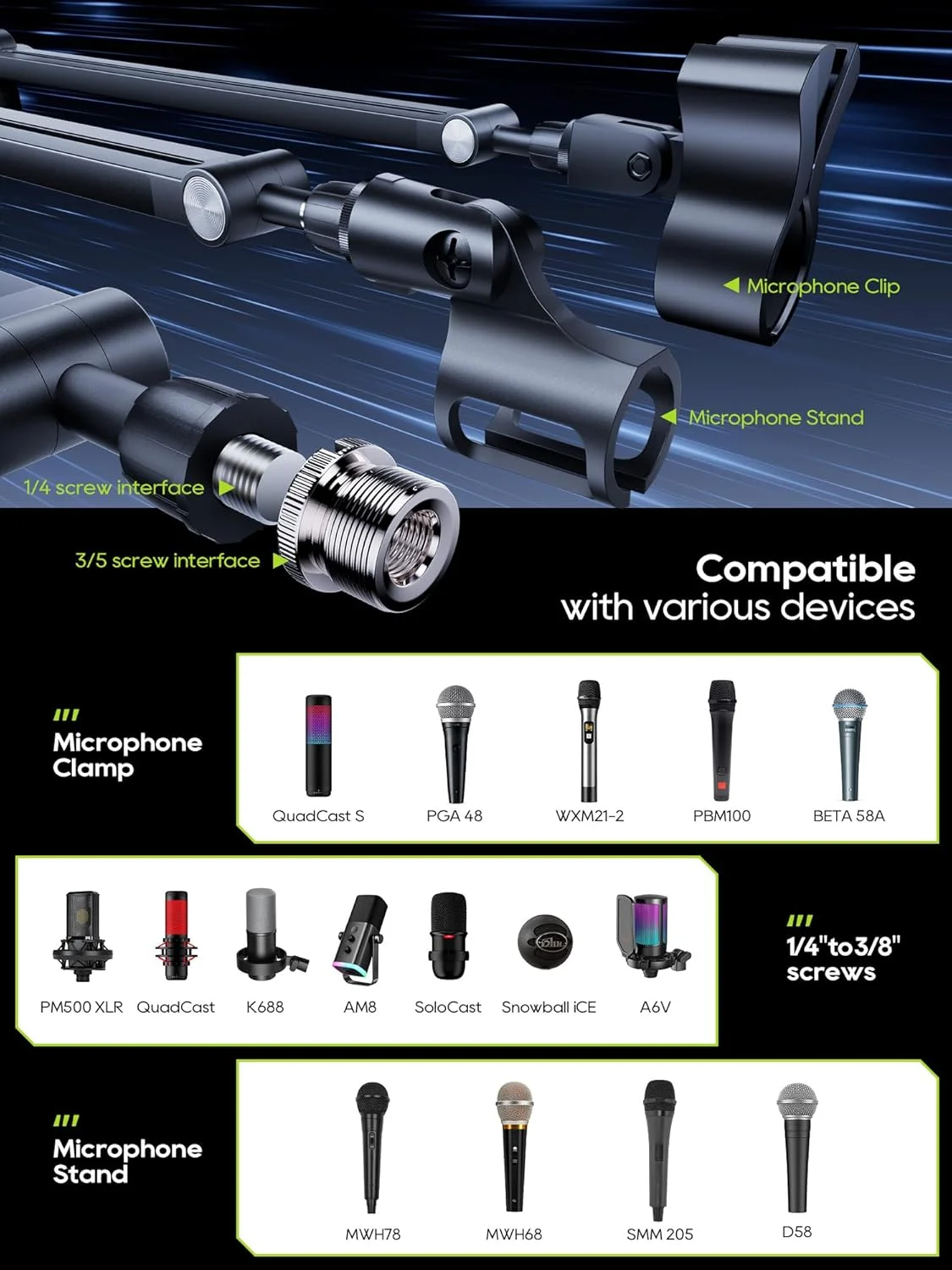 بازوی میکروفون M05 Pro، پایه میکروفون با قابلیت چرخش 360 درجه با گیره رومیزی، بازوی میکروفون تاشو با آداپتور پیچ 3/8 اینچ به 5/8 اینچ، بازوی میکروفون برای پخش زنده، بازی (مشکی)