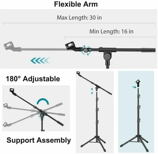 پایه میکروفون سه پایه بوم بازویی ارتقا یافته با کیف حمل، 2 گیره میکروفون و 1 آداپتور پیچی برای نصب میکروفون برای آواز خواندن، پادکست و غیره پایه میکروفون سه پایه بوم بازویی ارتقا یافته با کیف حمل، 2 گیره میکروفون و 1 آداپتور پیچی برای نصب میکروفون برای آواز خواندن، پادکست و غیره