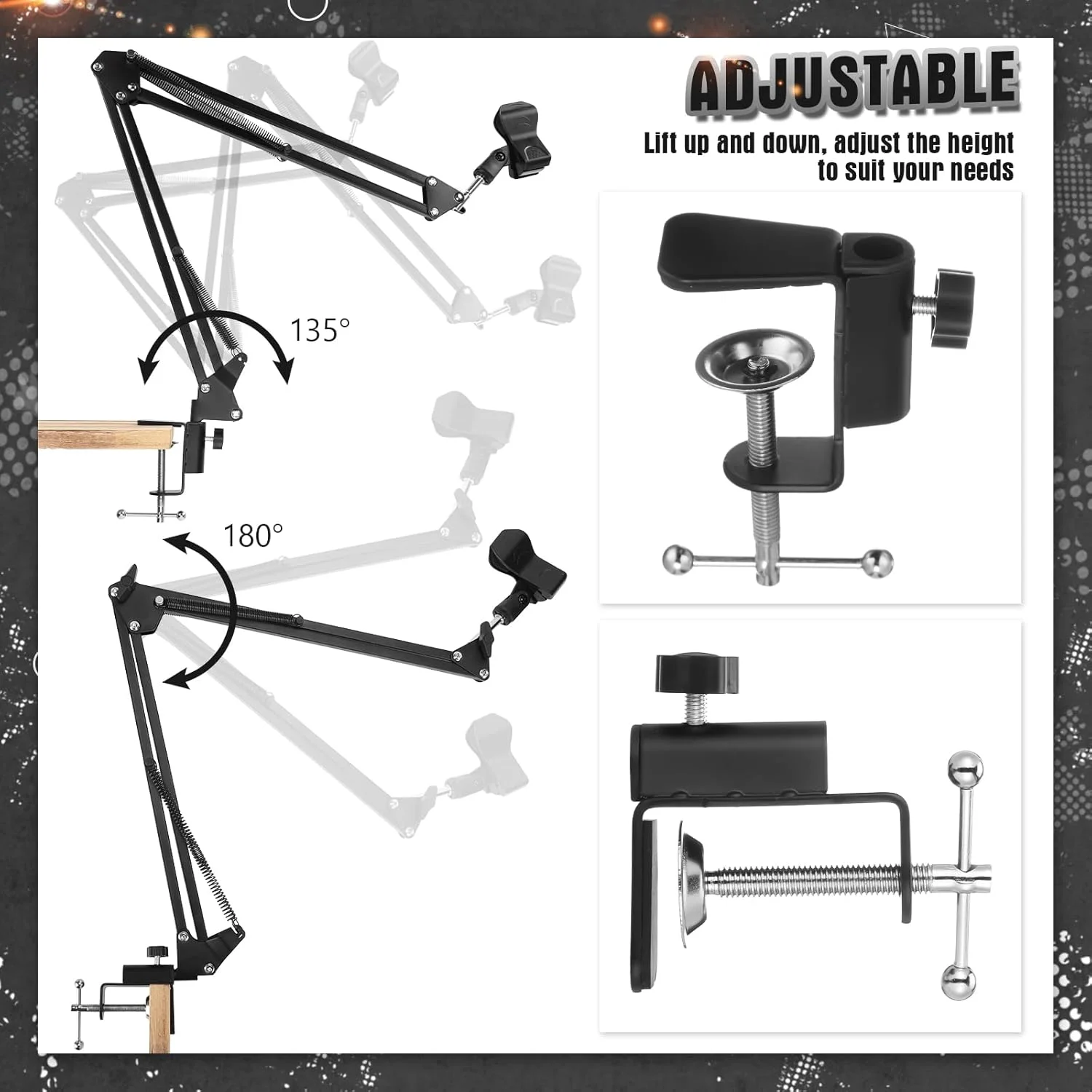 Leinuosen 2 عدد بازوی میکروفون بوم پایه میکروفون رومیزی با گیره نصب پیچ 3/8 اینچی آداپتور پایه میکروفون قابل نگهداری نگهدارنده میکروفون برای میکروفون های سبک پادکست بازی ضبط
