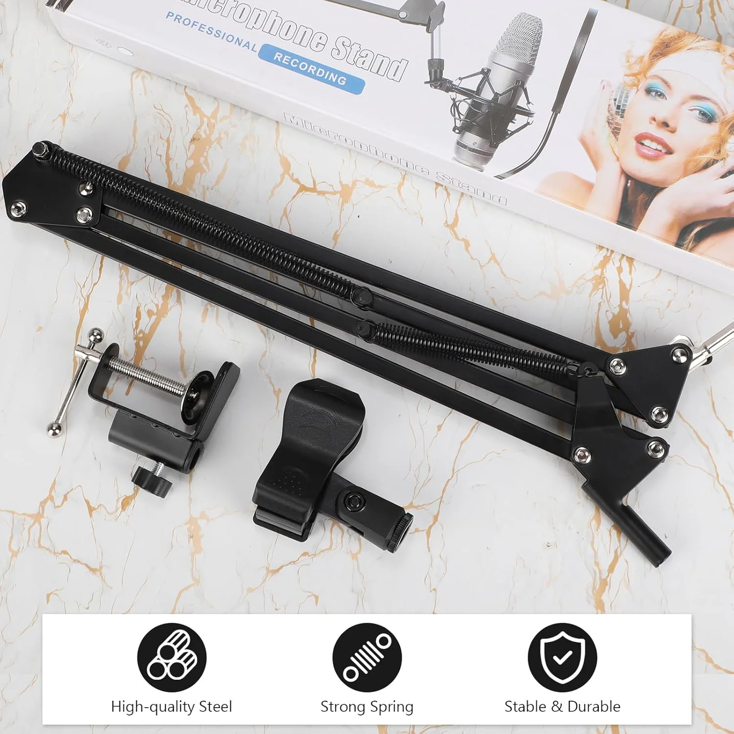 Leinuosen 2 عدد بازوی میکروفون بوم پایه میکروفون رومیزی با گیره نصب پیچ 3/8 اینچی آداپتور پایه میکروفون قابل نگهداری نگهدارنده میکروفون برای میکروفون های سبک پادکست بازی ضبط