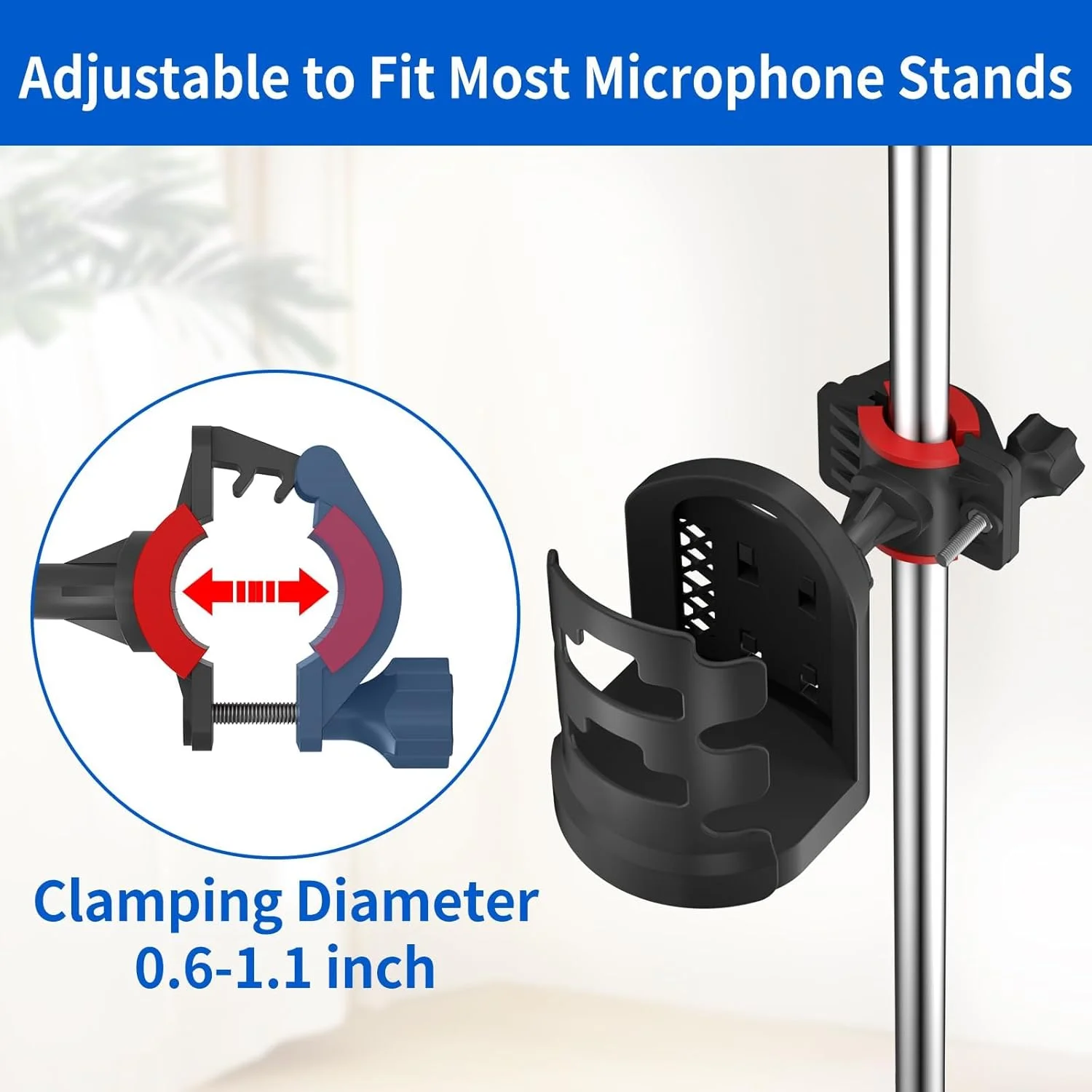 نگهدارنده لیوان پایه میکروفون قابل تنظیم KASTWAVE، با گیره نگهدارنده فنجان چرخان 360 درجه برای پایه های میکروفون، موسیقی یا درام، نگهدارنده بطری آب جهانی برای لیوان مسافرتی قهوه و بطری آب