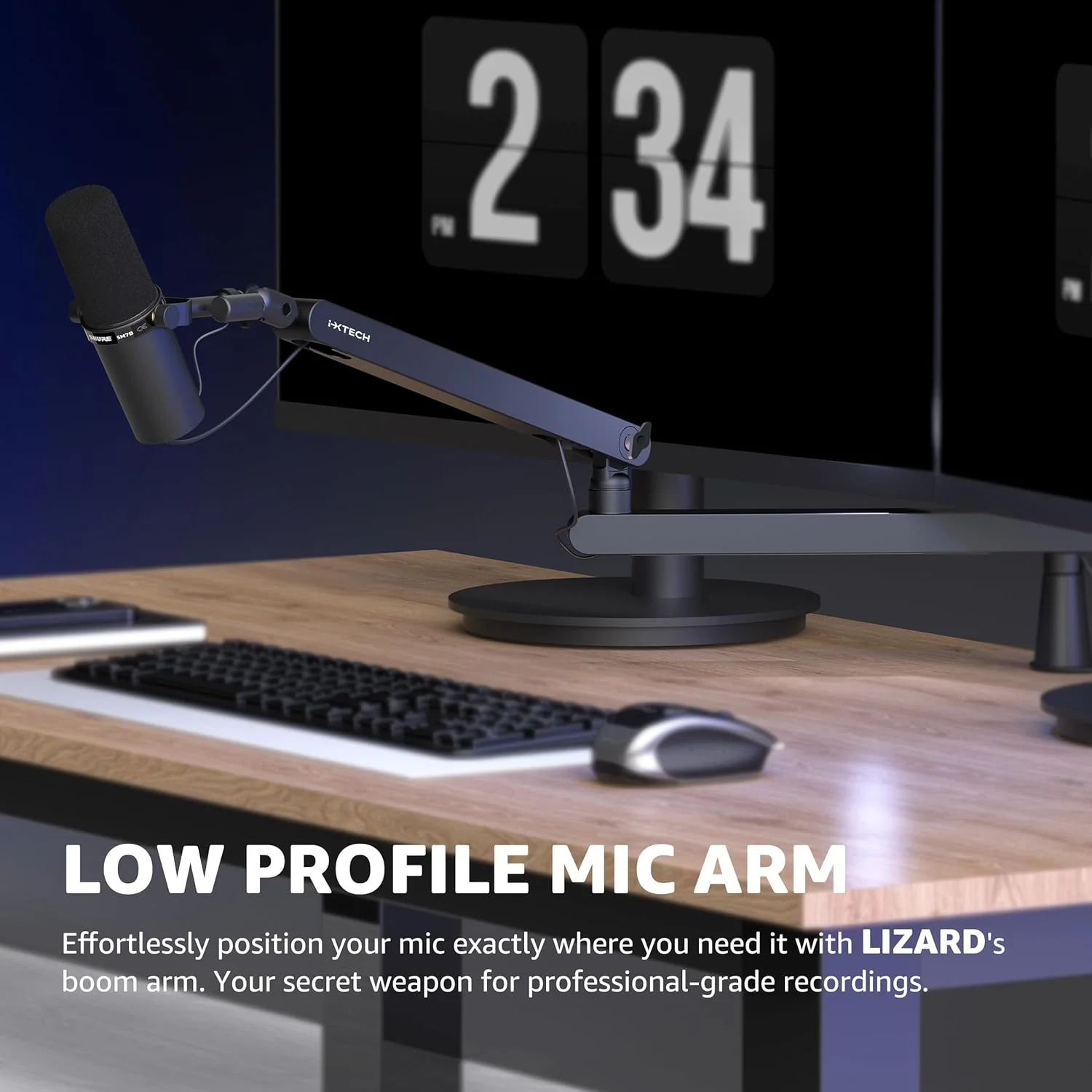 پایه میکروفون رومیزی IXTECH، بازوی بوم کم ارتفاع، بازوی میکروفون قابل تنظیم با ستون افزایش ارتفاع جداشدنی و مدیریت کابل داخلی، بازوی بوم میکروفون چرخان 360 درجه برای استریم و ضبط مدل LIZARD.