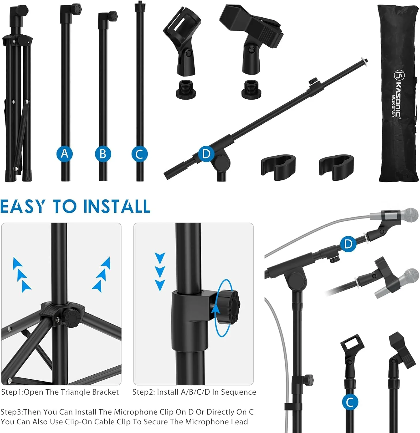 پایه میکروفون K KASONIC، پایه میکروفون بوم سه پایه تاشو قابل تنظیم و سنگین با گیره نگهدارنده میکروفون برای اجرا، آواز کارائوکه، سخنرانی، عروسی، استیج و فعالیت در فضای باز، مشکی