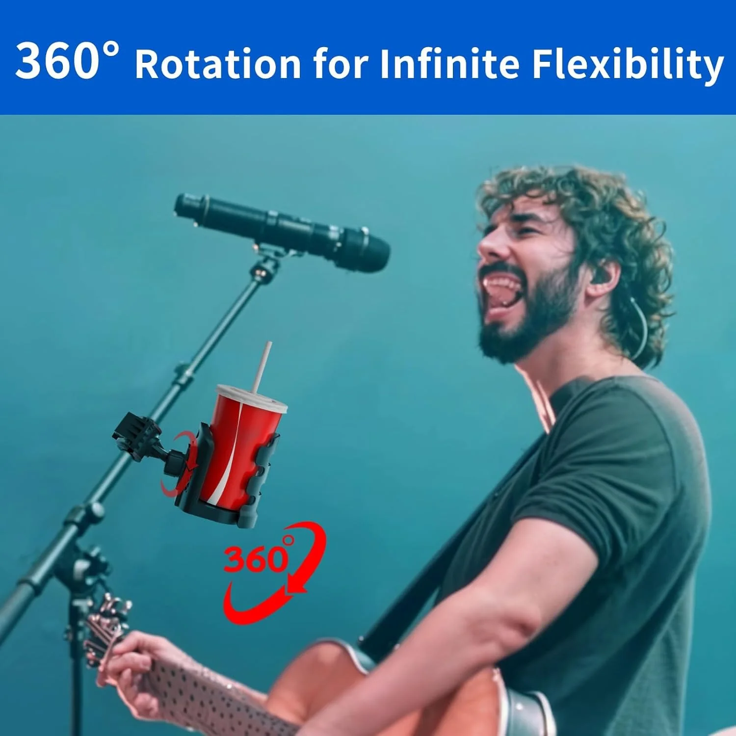 نگهدارنده لیوان پایه میکروفون قابل تنظیم KASTWAVE، با گیره نگهدارنده فنجان چرخان 360 درجه برای پایه های میکروفون، موسیقی یا درام، نگهدارنده بطری آب جهانی برای لیوان مسافرتی قهوه و بطری آب