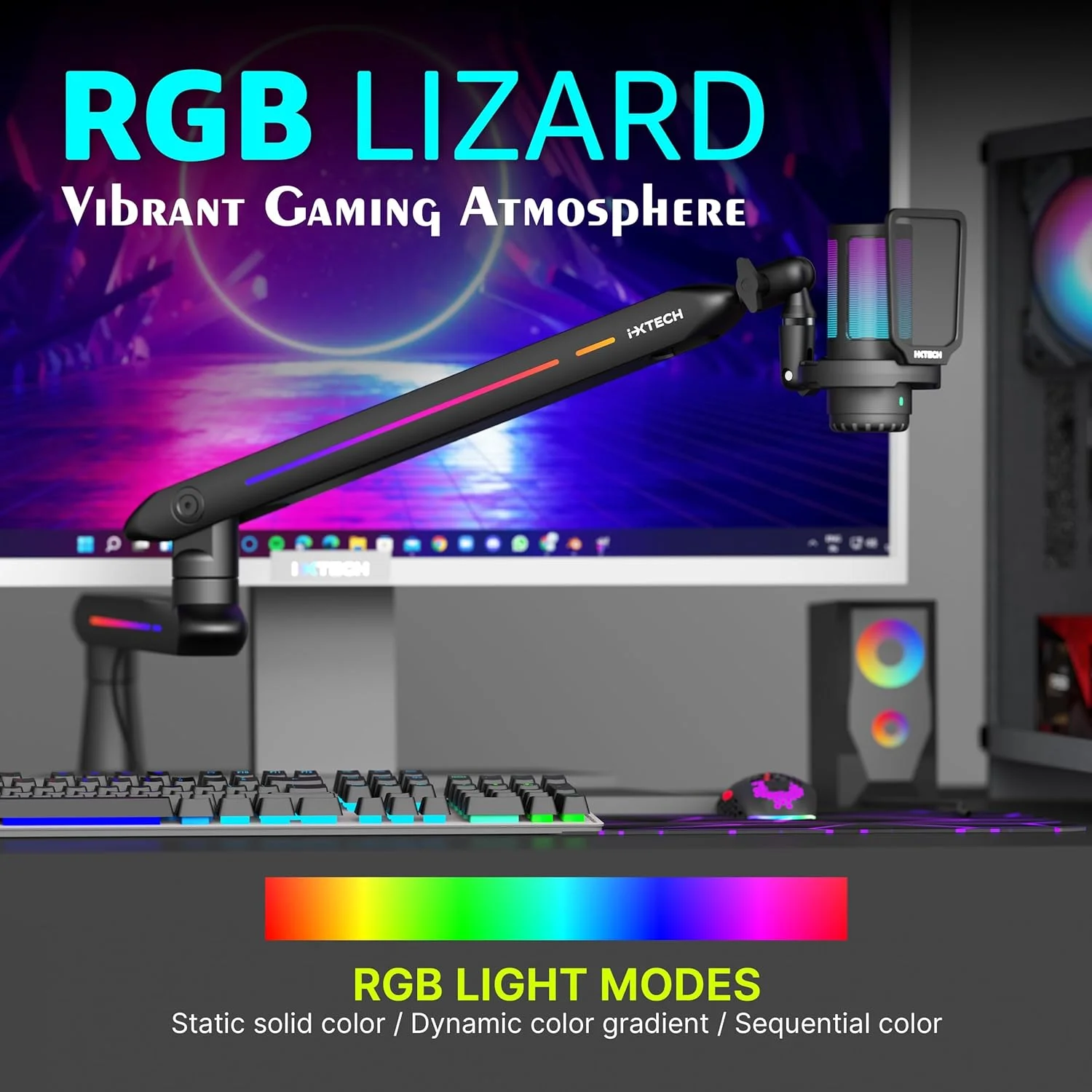 بازوی میکروفون IXTECH RGB با طراحی کم حجم، پایه بازوی میکروفون قابل تنظیم با گیره نصب روی میز، پایه بازوی میکروفون چرخشی با مدیریت کابل برای استودیو بازی و پخش پادکست (مشکی)