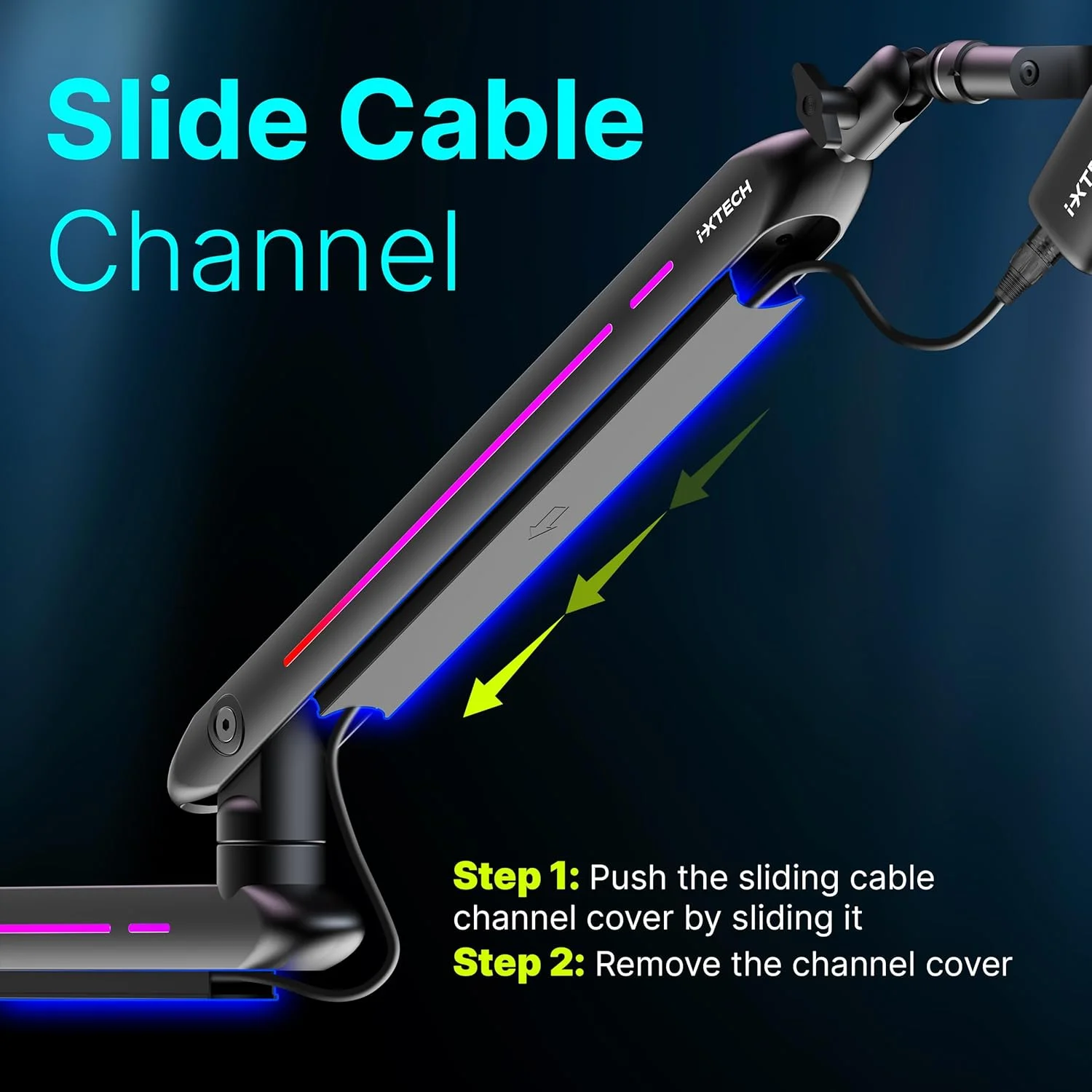 بازوی میکروفون IXTECH RGB با طراحی کم حجم، پایه بازوی میکروفون قابل تنظیم با گیره نصب روی میز، پایه بازوی میکروفون چرخشی با مدیریت کابل برای استودیو بازی و پخش پادکست (مشکی)