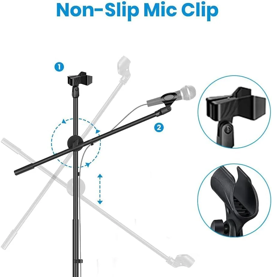 پایه میکروفون ضربان قلب، پایه سه پایه تاشو با ارتفاع قابل تنظیم، پایه بوم میکروفون سنگین با دو گیره نگهدارنده میکروفون برای آواز، سخنرانی، استیج و غیره با بازوی بوم قابل تنظیم، (مشکی)