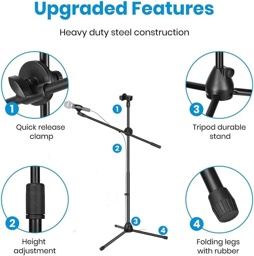 پایه میکروفون ضربان قلب، پایه سه پایه تاشو با ارتفاع قابل تنظیم، پایه بوم میکروفون سنگین با دو گیره نگهدارنده میکروفون برای آواز، سخنرانی، استیج و غیره با بازوی بوم قابل تنظیم، (مشکی)