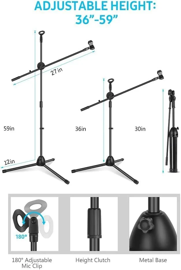 پایه میکروفون ضربان قلب، پایه سه پایه تاشو با ارتفاع قابل تنظیم، پایه بوم میکروفون سنگین با دو گیره نگهدارنده میکروفون برای آواز، سخنرانی، استیج و غیره با بازوی بوم قابل تنظیم، (مشکی)
