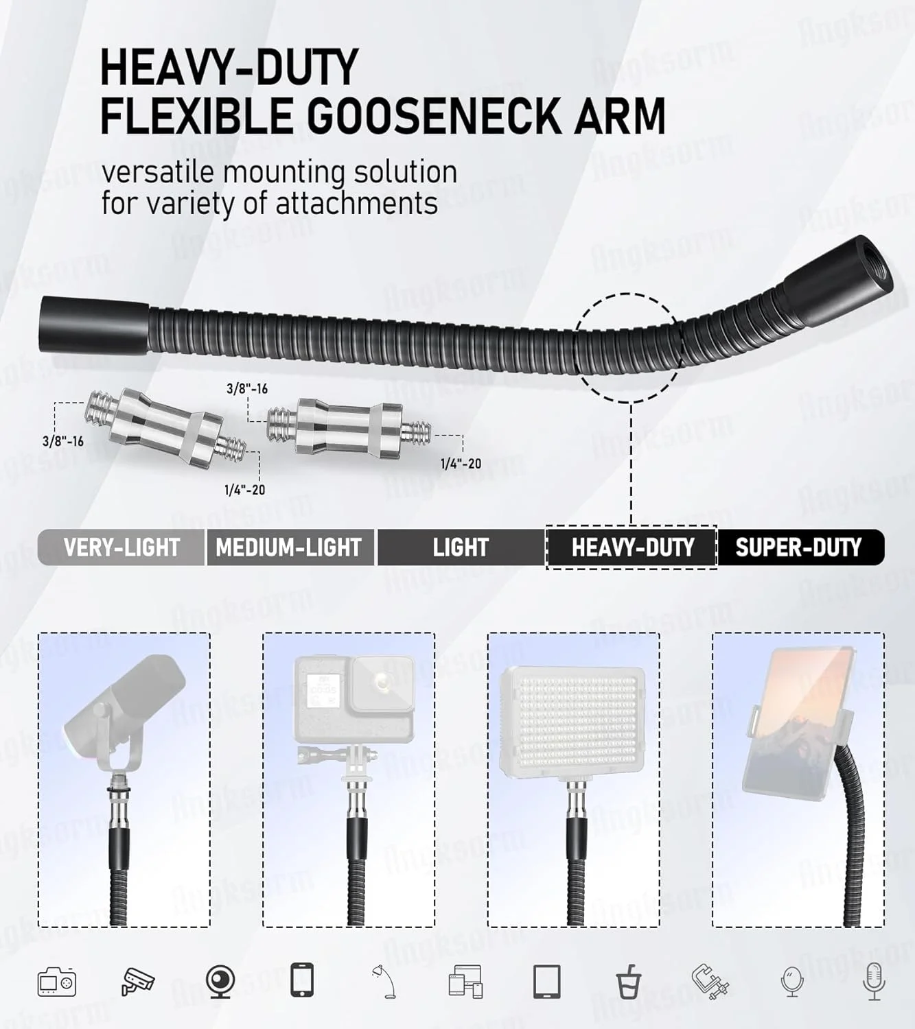 بازوی گردنی انعطاف پذیر 9 اینچی با رزوه های 1/4 و 3/8 اینچ برای موبایل، دوربین، میکروفون، نور و موارد دیگر، مناسب برای اکثر پایه ها، سه پایه ها و گیره ها