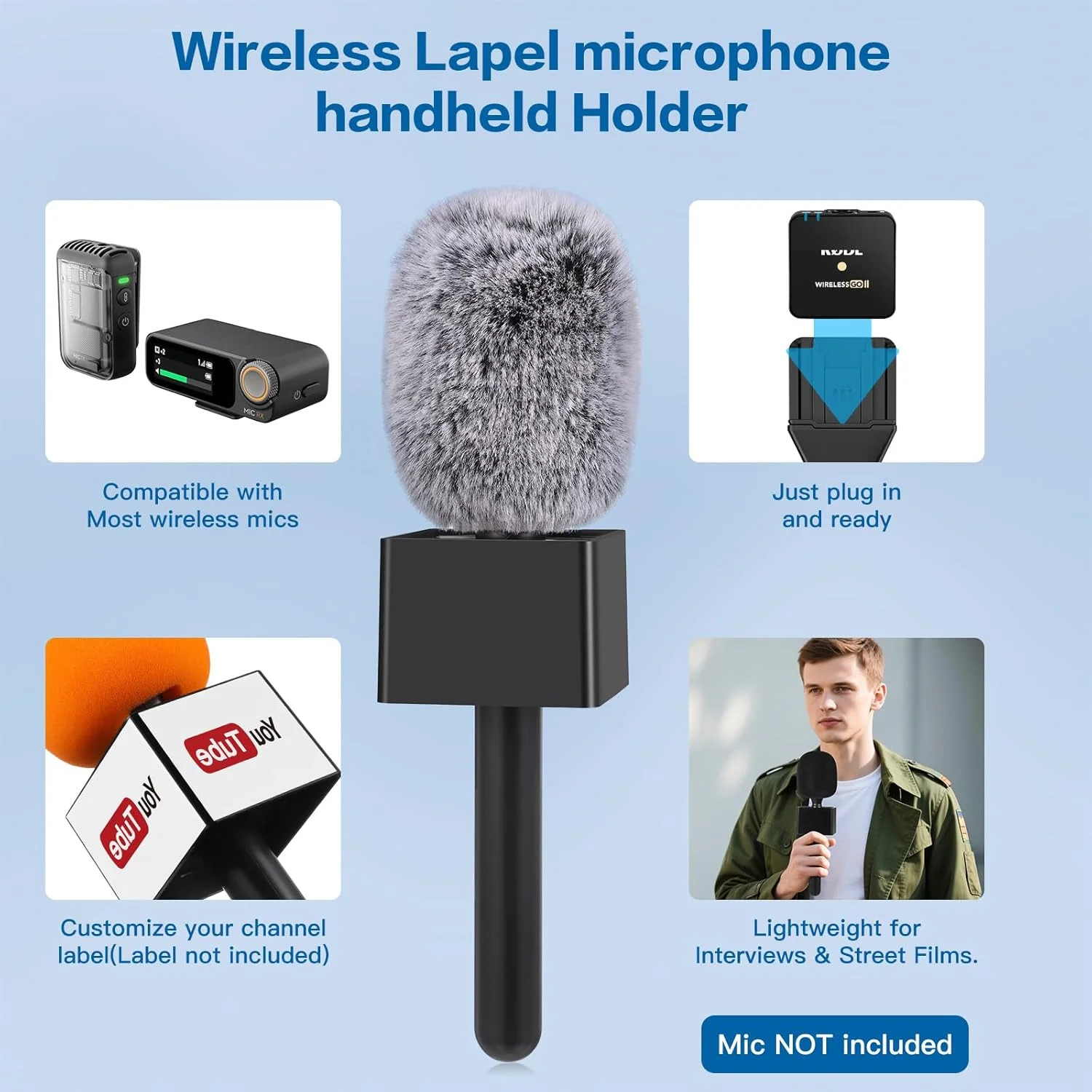 پایه میکروفون برای DJI/Rode/Lark m1/m2، پایه دستی مصاحبه برای میکروفون یقه‌ای با فیلتر پاپ/بادگیر/جعبه پرچم کانال، ریگ میکروفون برای ولاگ، گزارش، پادکست، یوتیوب