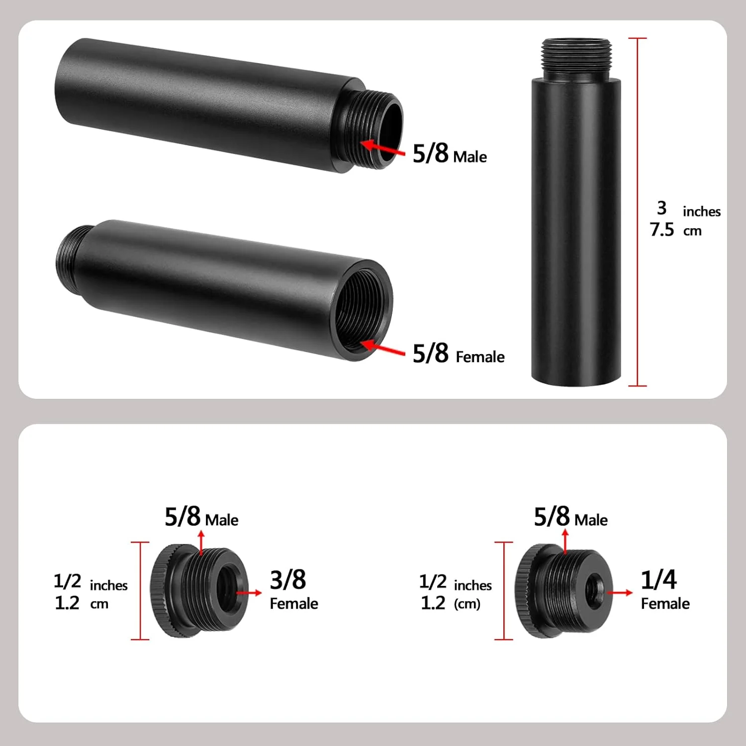 آداپتور افزایش طول پایه میکروفون Geekria for Creators، تبدیل 5/8 اینچ نری به 3/8 اینچ مادگی و 5/8 اینچ نری به 1/4 اینچ مادگی، لوله افزایش طول بازویی میکروفون 5/8 اینچ نری به 5/8 اینچ مادگی (مشکی / بسته 3 عددی)