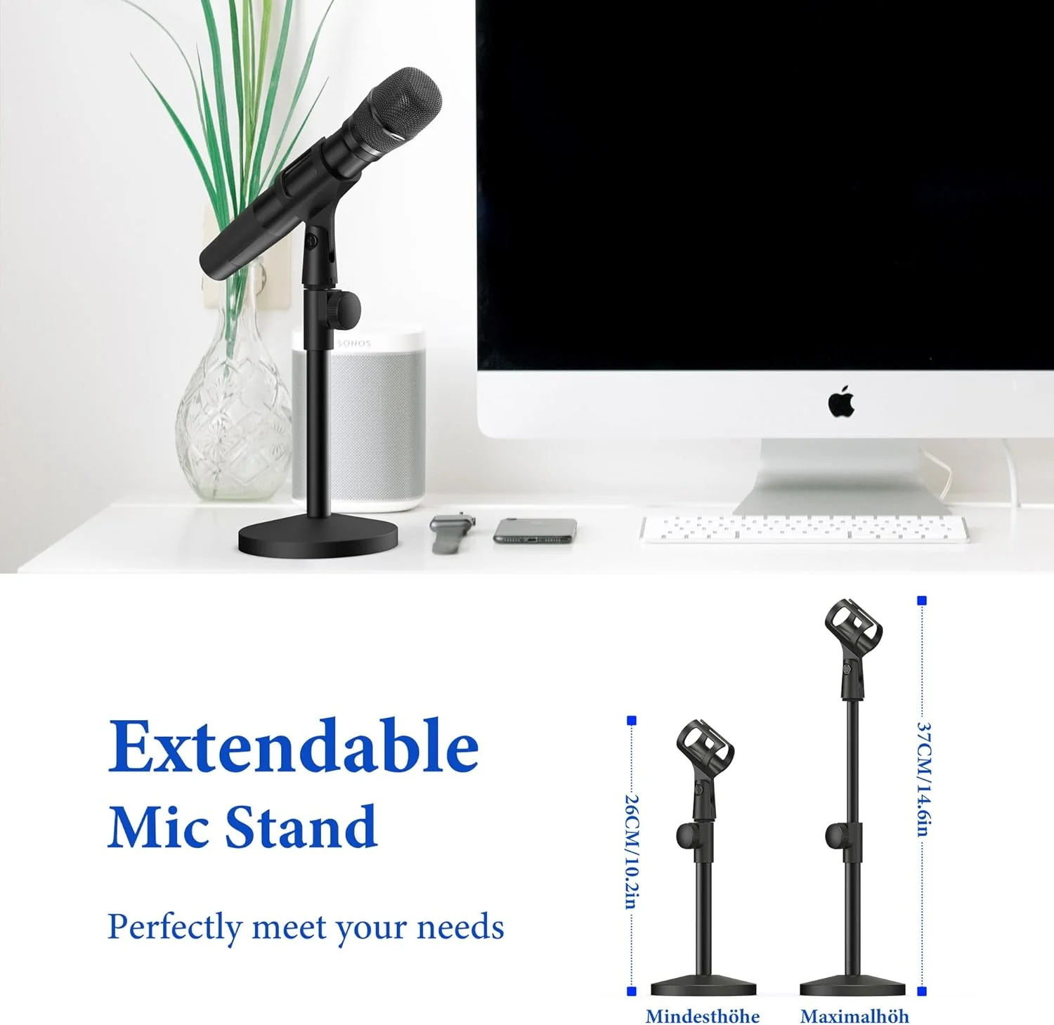 پایه میکروفون رومیزی کوچک - تاشو، پایه ضد لغزش، ارتفاع قابل تنظیم، سازگار با ATR2100-USB، AT2005-USB، Q2U، Xm8500، SM58-LC، PGA48/PGA58 - مشکی، فلزی، جمع و جور