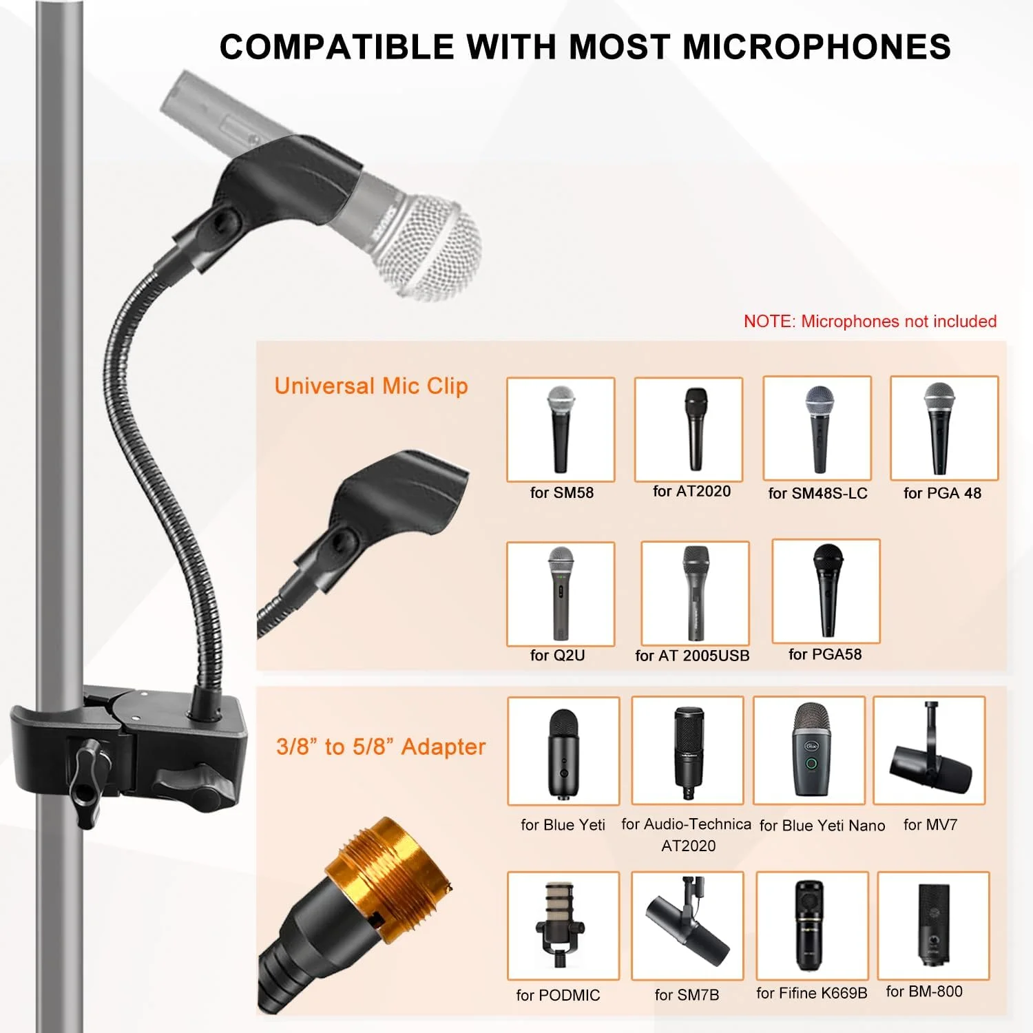 پایه میکروفون گردن غازی، پایه بازوی میکروفون انعطاف پذیر، پایه میکروفون رومیزی با گیره سوپر کلمپ و آداپتور 3/8 اینچ به 5/8 اینچ، سازگار با Shure/Fifine / AT2020 / Pyle/Blue Snowball/Razer (13 اینچ)