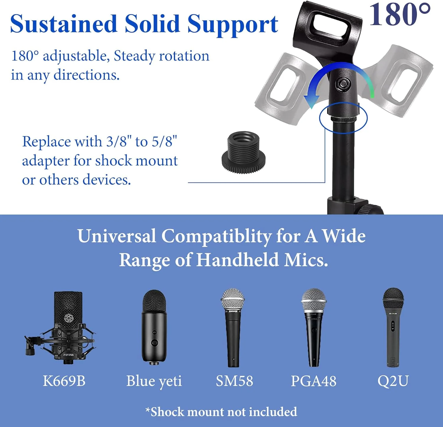 پایه میکروفون رومیزی کوچک - تاشو، پایه ضد لغزش، ارتفاع قابل تنظیم، سازگار با ATR2100-USB، AT2005-USB، Q2U، Xm8500، SM58-LC، PGA48/PGA58 - مشکی، فلزی، جمع و جور