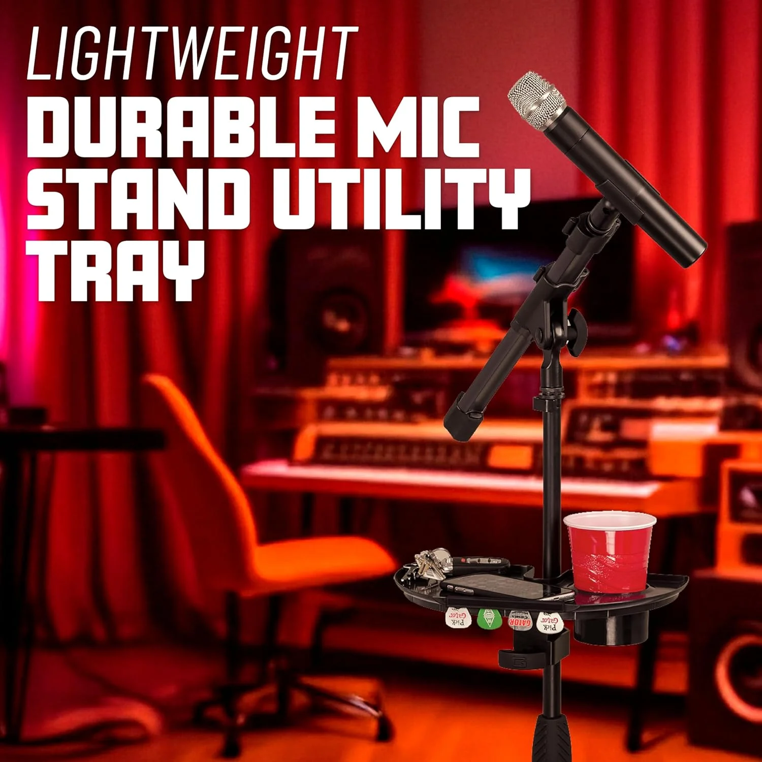 سینی نگهدارنده لوازم جانبی پایه میکروفون Gator Frameworks با جای لیوان و محفظه پیک