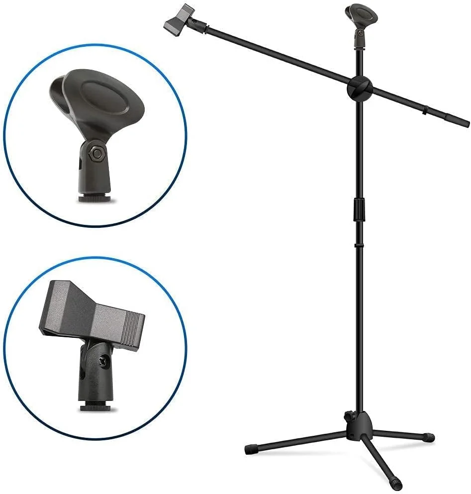 پایه میکروفون ایستاده 2 عددی eWINNER، سه پایه بوم تاشو قابل تنظیم و سنگین با 2 گیره نگهدارنده میکروفون برای اجرای زنده/کارائوکه/سخنرانی/عروسی/جشن استیج/فعالیت های فضای باز