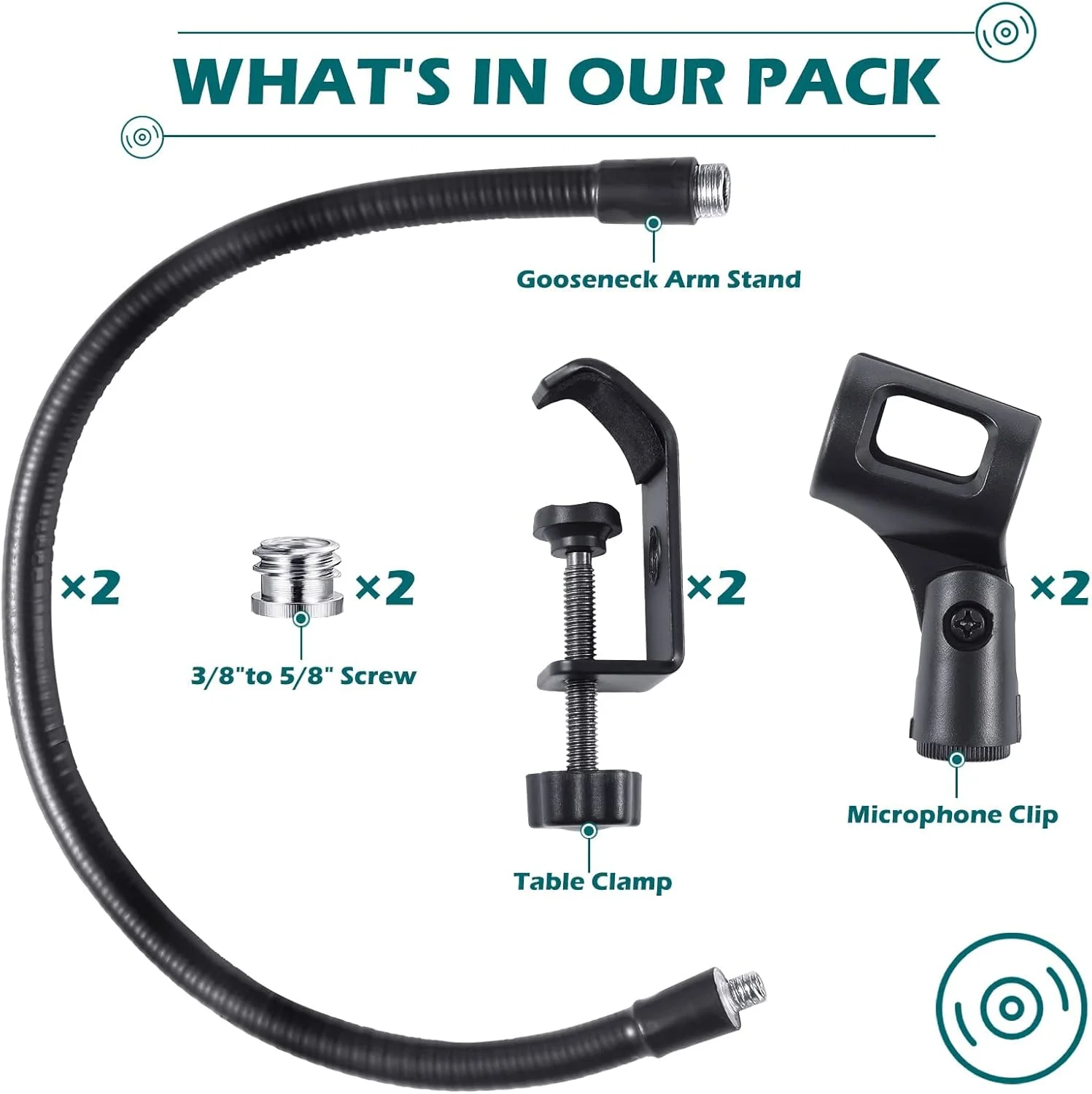 بازوی میکروفون Excefore، پایه میکروفون رومیزی انعطاف پذیر، پایه میکروفون قابل تنظیم 360 درجه با آداپتور 3/8 اینچ به 5/8 اینچ، نگهدارنده گیره میکروفون، گیره رومیزی ارتقا یافته 2 عدد