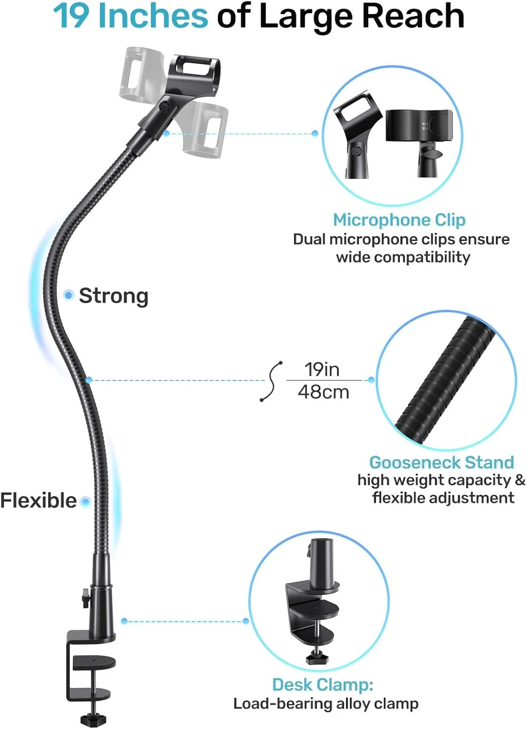 پایه میکروفون گردن غازی با گیره، بازوی میکروفون رومیزی انعطاف پذیر 19 اینچی با آداپتورهای پیچ 3/8 و 1/4 اینچ، قابل تنظیم 360 درجه، ایده آل برای تریبون، سخنرانی، کنفرانس و پخش زنده