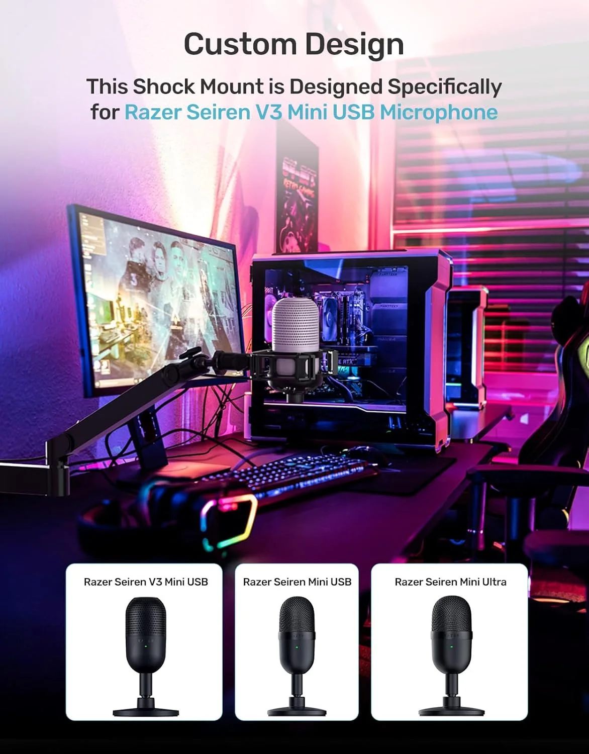 لرزه گیر میکروفون سفارشی برای Razer Seiren، پایه نگهدارنده الاستیک ضد لرزش با آداپتور پیچی سازگار با میکروفون های Razer Seiren V3 Mini USB V2