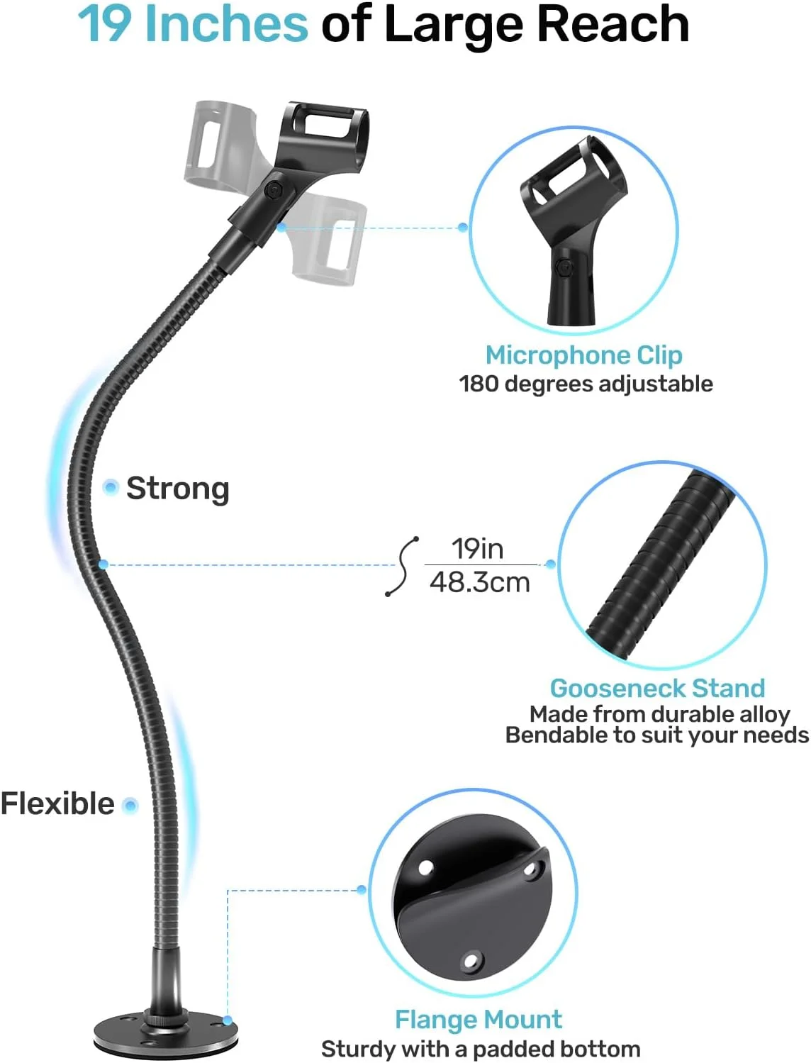 پایه نگهدارنده میکروفون گردن غازی 19 اینچی، قابل نصب روی میز و دیوار، بازوی میکروفون انعطاف پذیر و مقاوم با پایه فلنج دار، ایده آل برای جایگاه سخنرانی، استودیو، سخنرانی، پادکست، بازی، استریم پایه نگهدارنده میکروفون گردن غازی 19 اینچی، قابل نصب روی میز و دیوار، بازوی میکروفون انعطاف پذیر و مقاوم با پایه فلنج دار، ایده آل برای جایگاه سخنرانی، استودیو، سخنرانی، پادکست، بازی، استریم