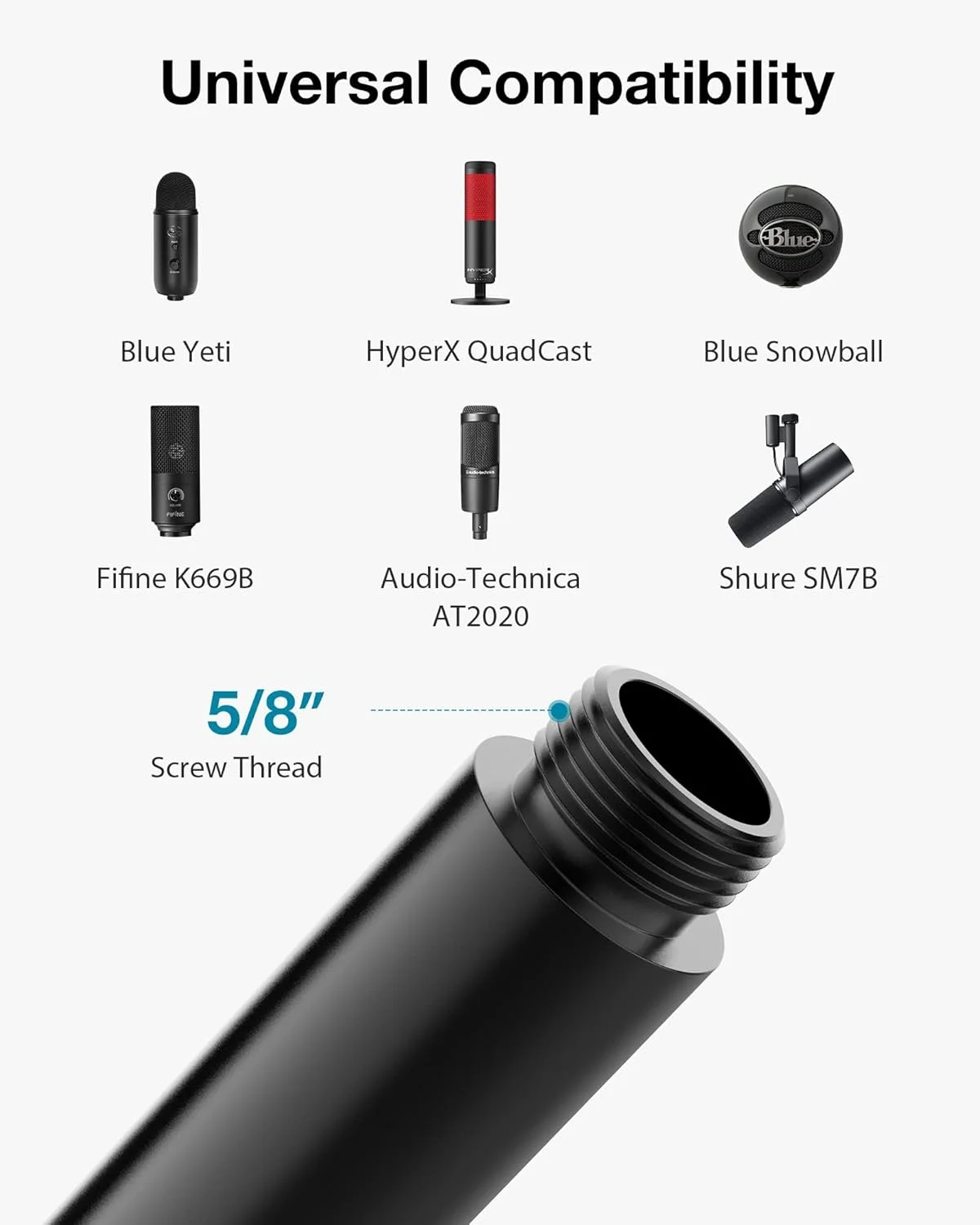 لوله افزایش ارتفاع پایه میکروفون، 2 عدد لوله افزایش دهنده میکروفون با رزوه 5/8 اینچ، افزایش دهنده میکروفون با 2 عدد آداپتور فلزی 3/8 اینچ به 5/8 اینچ برای پایه بازویی میکروفون رومیزی، سازگار با Shure SM7B, MV7, Blue Yeti