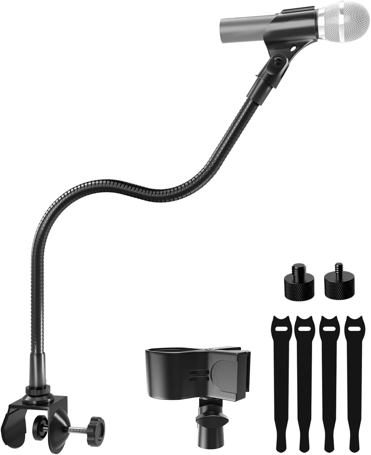 پایه میکروفون گردن غازی 19 اینچی، بازوی قابل تنظیم 360 درجه با 2 نگهدارنده میکروفون و گیره میله سنگین و آداپتورهای پیچ 5/8 اینچ به 3/8 اینچ و 5/8 اینچ به 1/4 اینچ، ایده آل برای پادکست، جایگاه سخنرانی و اجرای پیانو