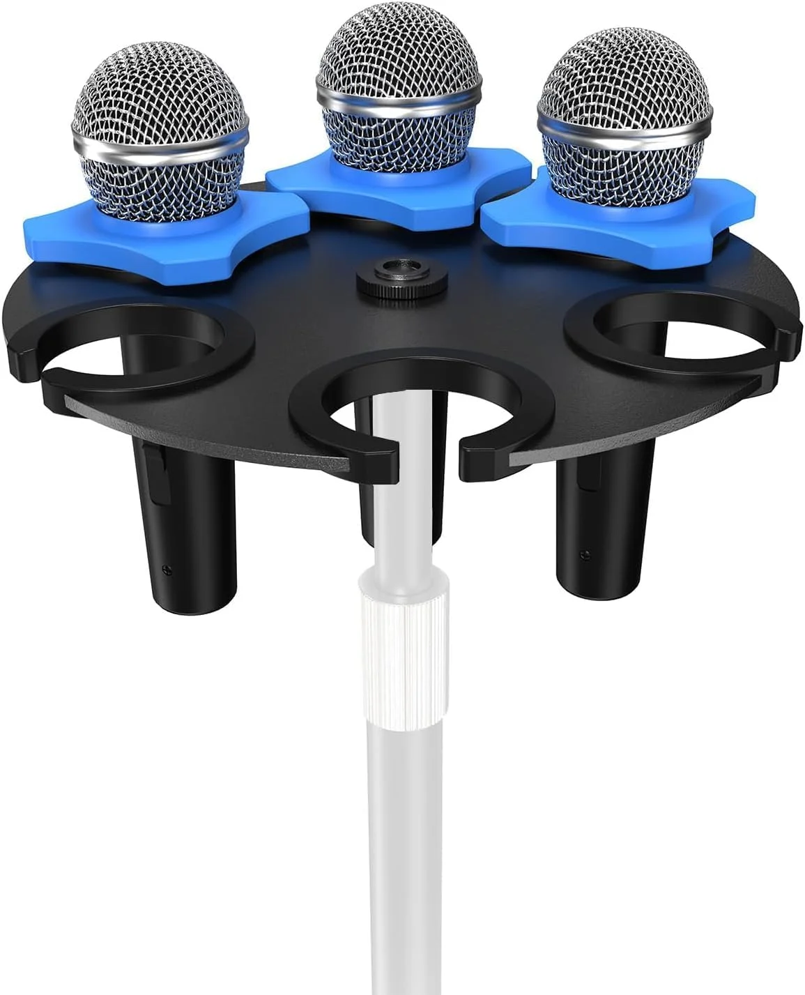 نگهدارنده چندگانه میکروفون 6 اسلات برای پایه میکروفون، پایه آلیاژی و حلقه های ضد لغزش، سازگار با پایه های رزوه دار 5/8، 3/8 و 1/4 اینچ، سازمان دهنده و نمایشگر میکروفون های سیمی و بی سیم برای استودیو و استیج