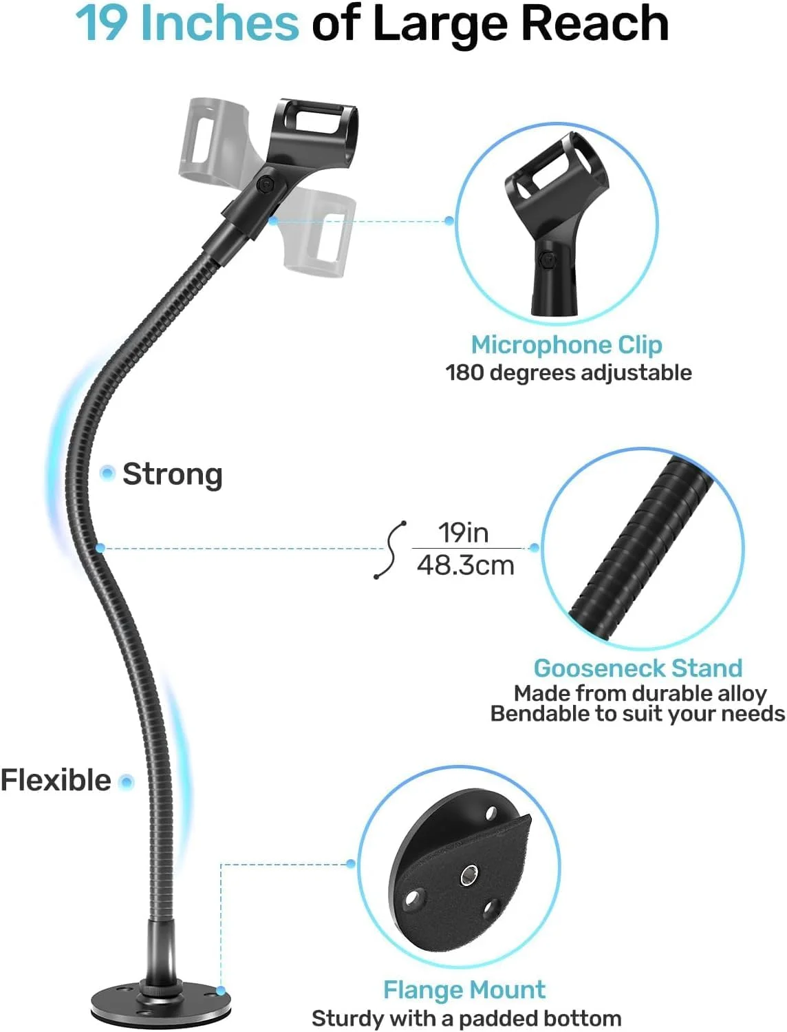 پایه میکروفون گردن غازی 19 اینچی، نگهدارنده میکروفون انعطاف پذیر و مقاوم با پایه فلنج دار، ایده آل برای تریبون، استودیو، پادکست، سخنرانی، پخش، بازی و استریم
