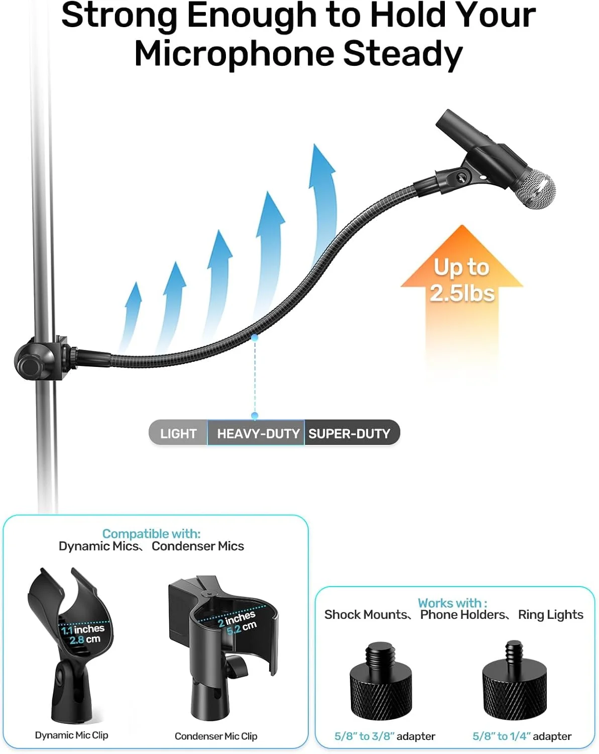 پایه میکروفون گردن غازی 19 اینچی، بازوی میکروفون قابل تنظیم 360 درجه با 2 نگهدارنده میکروفون، گیره پایه میله و آداپتورهای پیچی 5/8"-3/8" و 5/8"-1/4"، ایده آل برای پادکست، سخنرانی و ضبط پیانو/درام