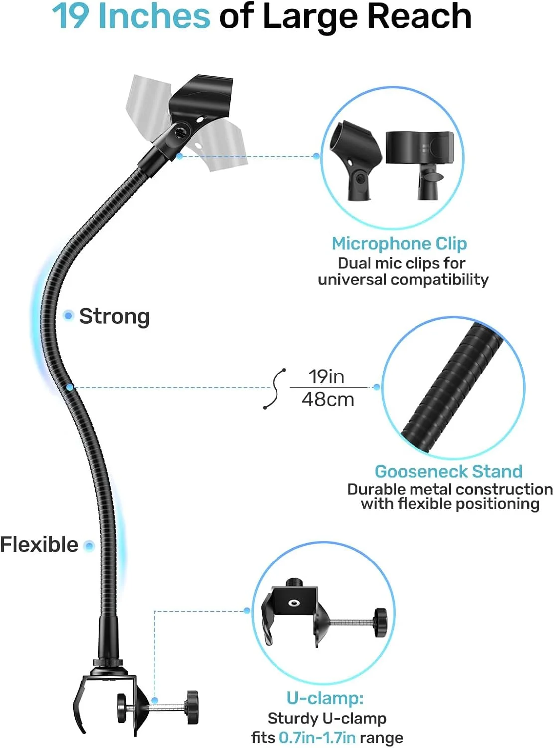 پایه میکروفون گردن غازی 19 اینچی، بازوی قابل تنظیم 360 درجه با 2 نگهدارنده میکروفون و گیره میله سنگین و آداپتورهای پیچ 5/8 اینچ به 3/8 اینچ و 5/8 اینچ به 1/4 اینچ، ایده آل برای پادکست، جایگاه سخنرانی و اجرای پیانو