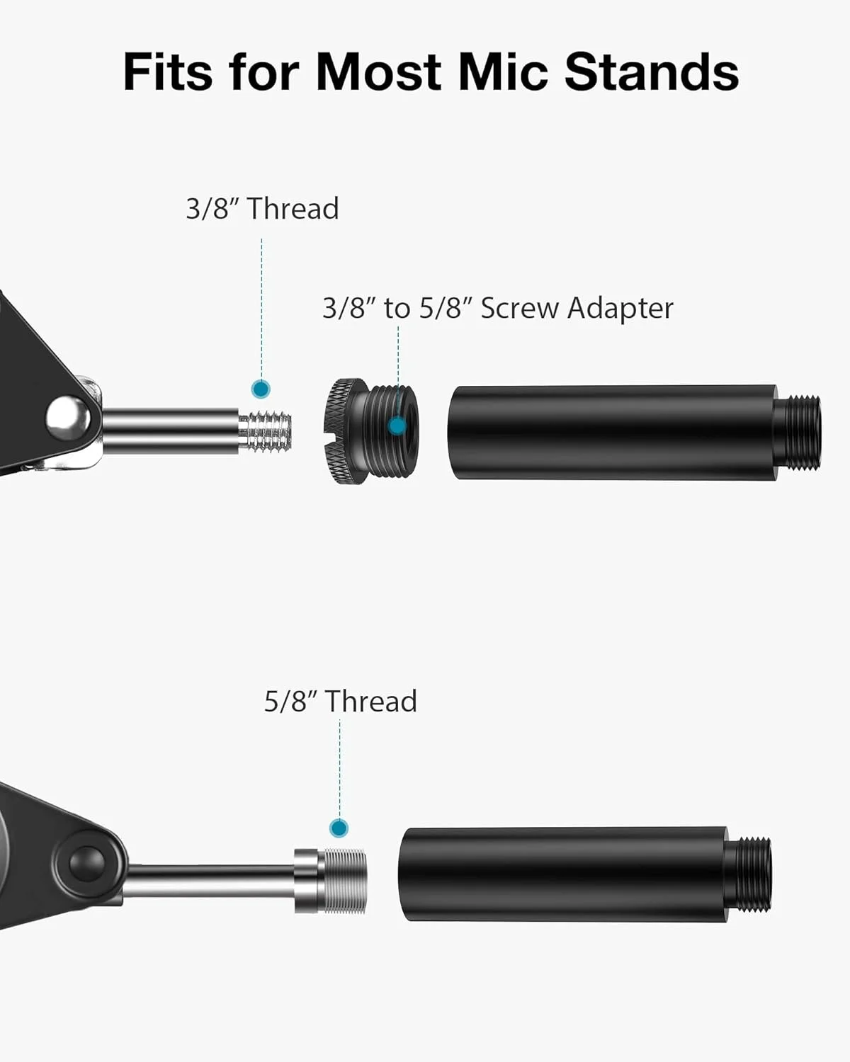 لوله افزایش ارتفاع پایه میکروفون، 2 عدد لوله افزایش دهنده میکروفون با رزوه 5/8 اینچ، افزایش دهنده میکروفون با 2 عدد آداپتور فلزی 3/8 اینچ به 5/8 اینچ برای پایه بازویی میکروفون رومیزی، سازگار با Shure SM7B, MV7, Blue Yeti