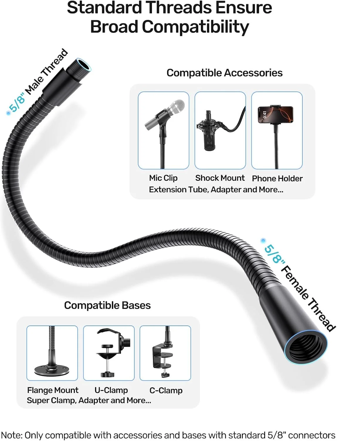 گردن غازی میکروفون 19 اینچی (رزوه 5/8-27) - بازوی میکروفون جهانی سنگین، تنظیم 360 درجه، ظرفیت بار 3 پوند، طراحی بدون افتادگی برای تریبون، ضبط درام، سخنرانی، کلیسا و راه اندازی DIY