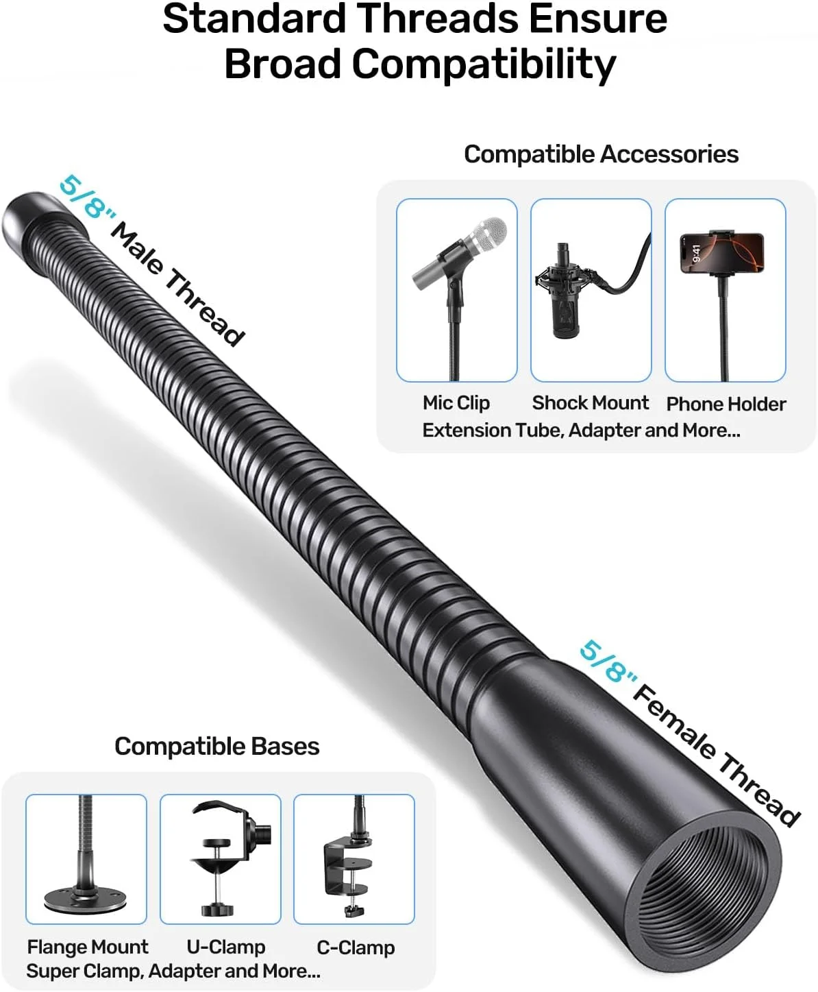 گردن غازی میکروفون 33 سانتیمتری (رزوه 5/8-27) - بازوی میکروفون جهانی سنگین برای پایه میکروفون، تنظیم 360 درجه، ظرفیت تحمل بار بالا برای تریبون، پایه میکروفون درام، سخنرانی، کلیسا و راهاندازی DIY گردن غازی میکروفون 33 سانتیمتری (رزوه 5/8-27) - بازوی میکروفون جهانی سنگین برای پایه میکروفون، تنظیم 360 درجه، ظرفیت تحمل بار بالا برای تریبون، پایه میکروفون درام، سخنرانی، کلیسا و راهاندازی DIY