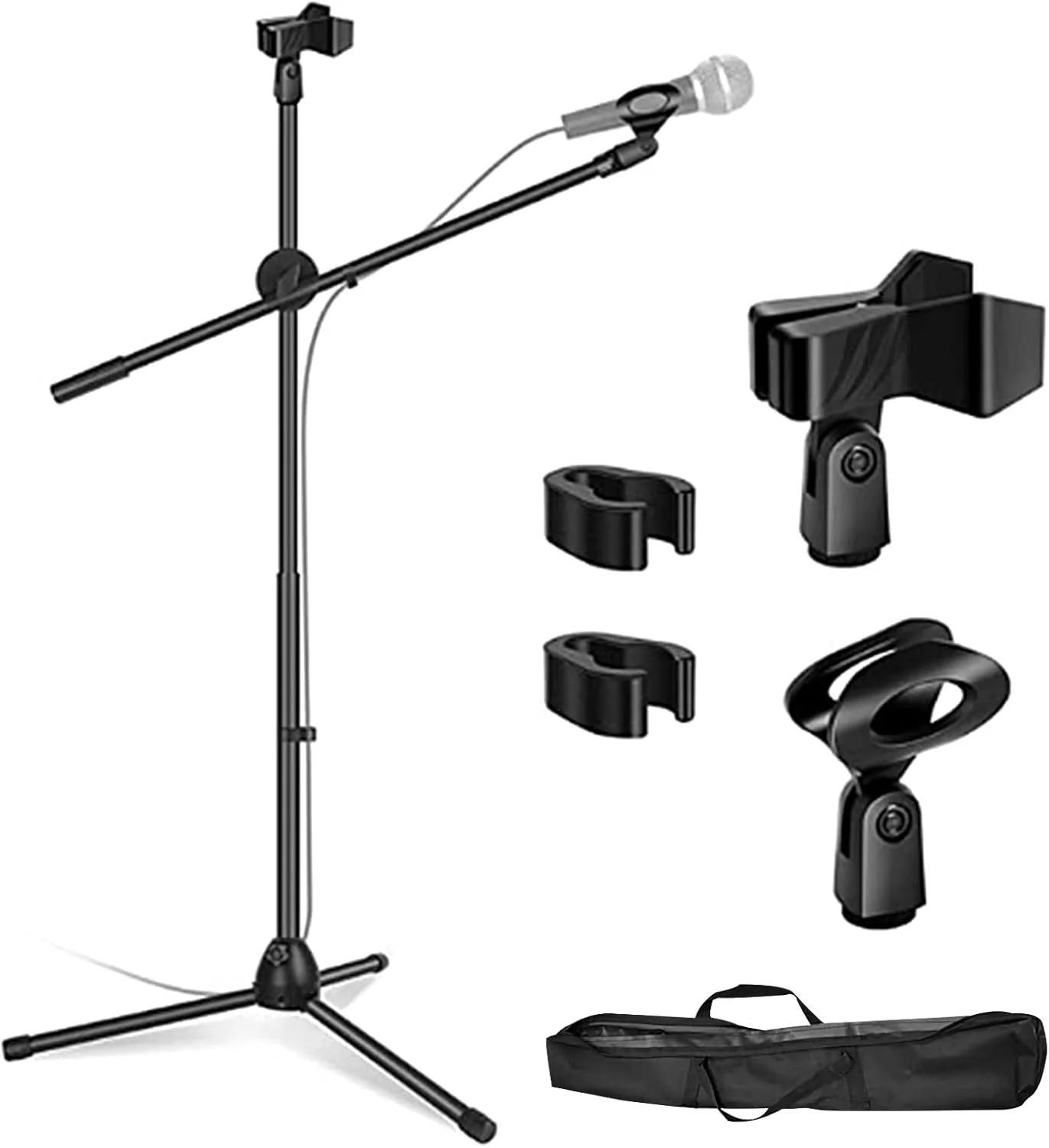 پایه میکروفون سه پایه DAYONG، پایه میکروفون ایستاده با ارتفاع قابل تنظیم به همراه 2 گیره کابل و 2 گیره میکروفون، پایه میکروفون دوتایی با بازوی جداشدنی، پایه بازویی میکروفون به همراه کیف حمل (رنگ 1)