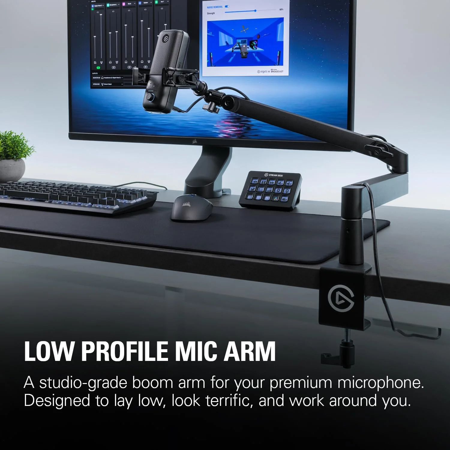 بازوی میکروفون Elgato Wave Mic Arm LP - بازوی میکروفون ممتاز با طراحی کم حجم، دارای کانال های مدیریت کابل، گیره رومیزی، نصب همه کاره و کاملا قابل تنظیم، ایده آل برای پادکست، استریمینگ، بازی و دفتر کار خانگی