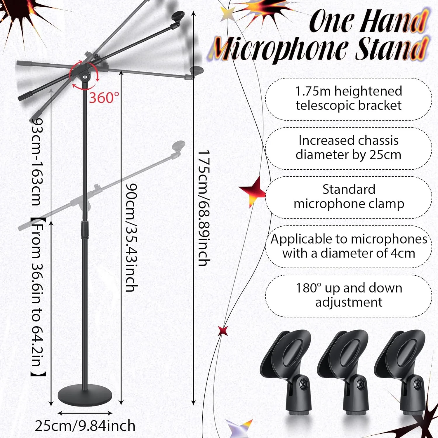 پایه میکروفون یک دستی 3 عددی با پایه گرد سنگین وزن، پایه میکروفون با قابلیت تنظیم ارتفاع 90 تا 160 سانتی متر، بازوی تلسکوپی میکروفون، نگهدارنده میکروفون برای اجرای کنسرت آواز پایه میکروفون یک دستی 3 عددی با پایه گرد سنگین وزن، پایه میکروفون با قابلیت تنظیم ارتفاع 90 تا 160 سانتی متر، بازوی تلسکوپی میکروفون، نگهدارنده میکروفون برای اجرای کنسرت آواز