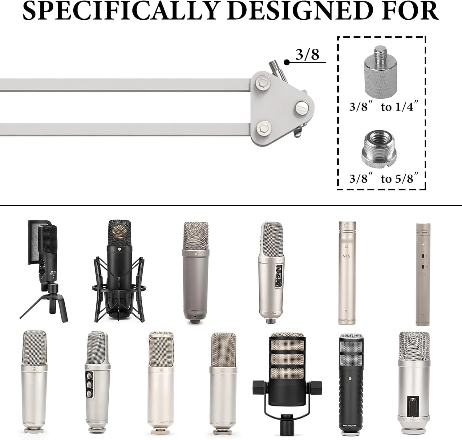 بازوی میکروفون Geekria for Creators سازگار با Rode PodMic, NT-USB, NT1-A, NT1 به همراه پایه فلنج رومیزی، استند معلق، بازوی قیچی میکروفون، نگهدارنده رومیزی (سفید)