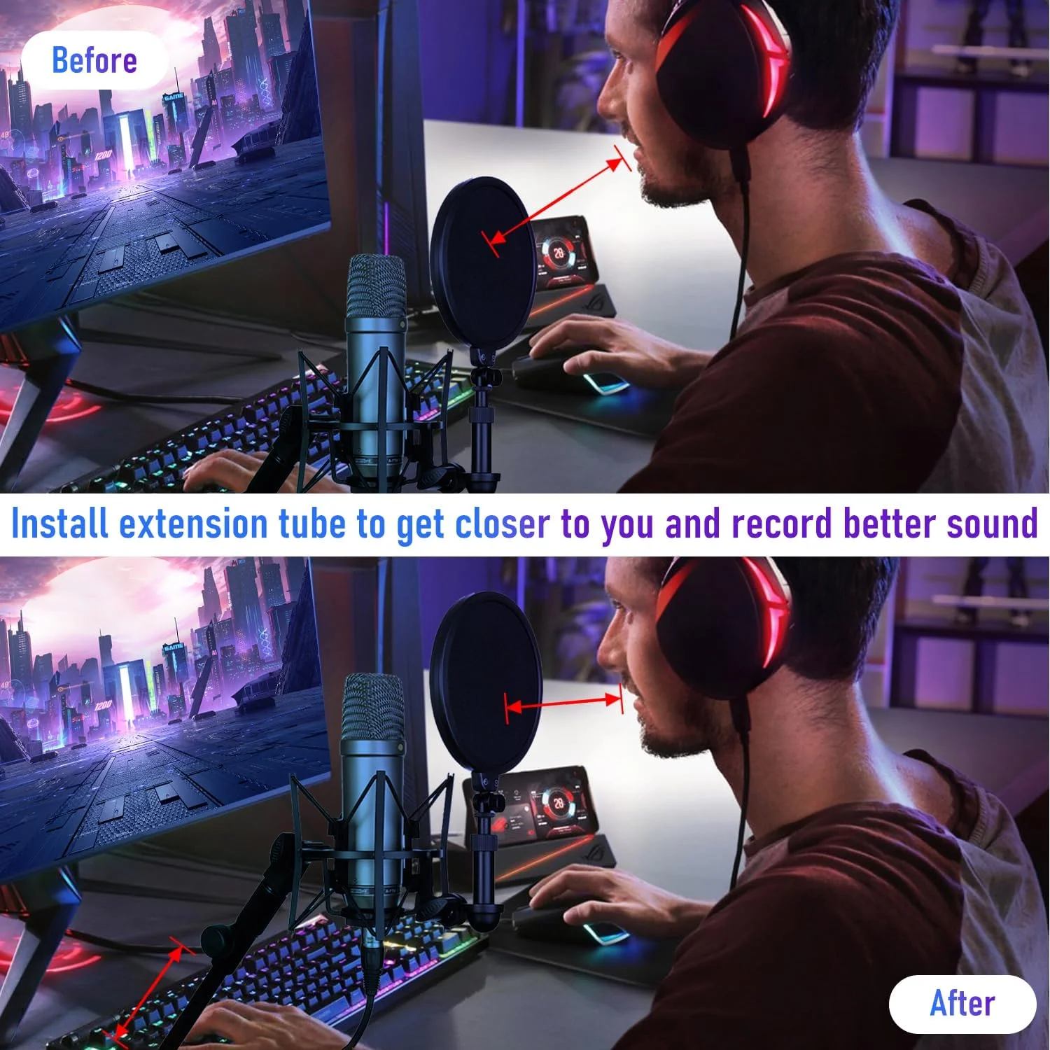 کیت لوله بازویی میکروفون EKIND مشکی، اکستندر پایه میکروفون آلیاژ آلومینیوم با آداپتورهای پیچ 5/8 اینچ نر به 1/4 اینچ و 3/8 اینچ مادگی، مناسب برای تجهیزات ضبط استودیویی (4 عدد)