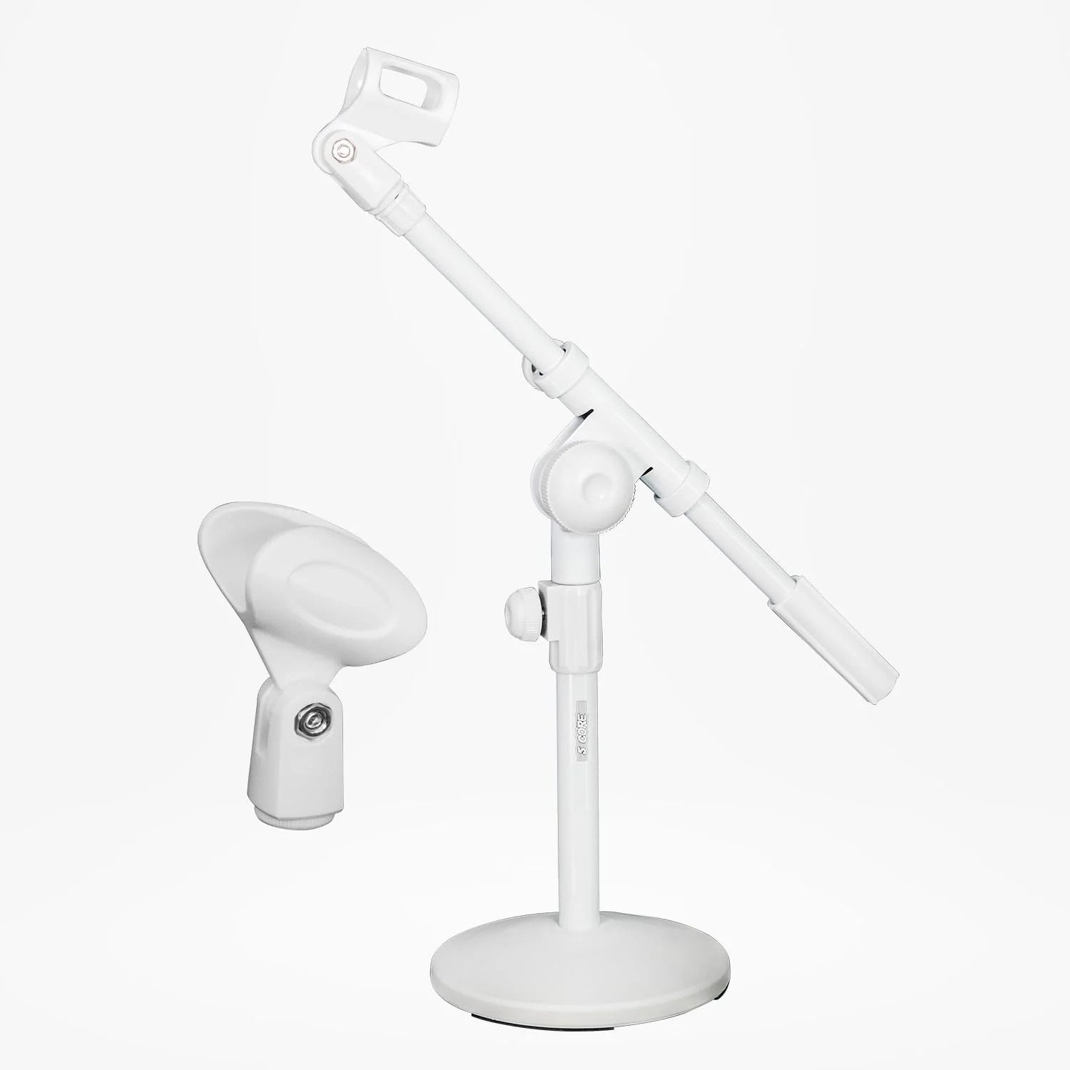پایه میکروفون رومیزی 5 هسته ای سفید • بازوی بوم قابل تنظیم با ارتفاع قابل افزایش • نگهدارنده میکروفون رومیزی با پایه گرد و پد ضد لغزش • گیره میکروفون جهانی و آداپتور رزوه 3/8 و 5/8 اینچی MSSB W