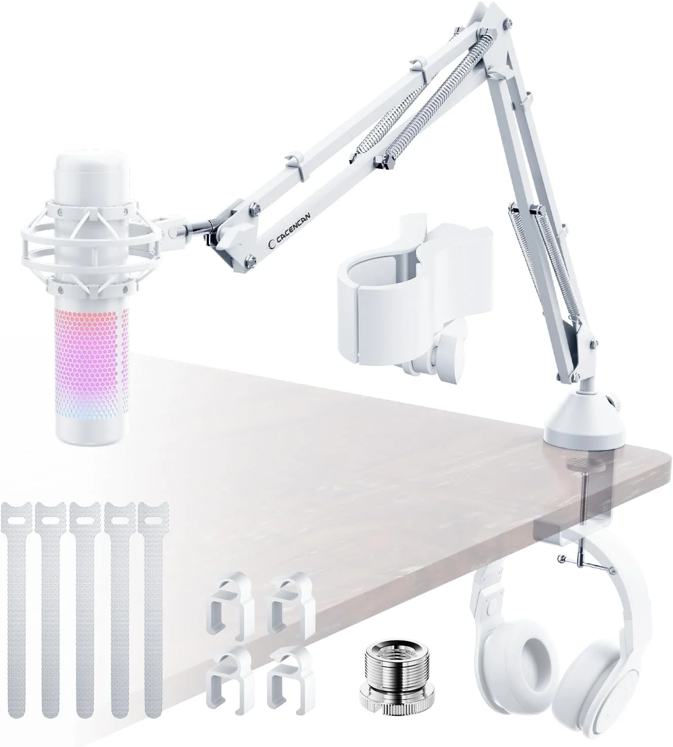 بازوی میکروفون، پایه رومیزی تاشو با آداپتور پیچ 3/8 اینچ به 5/8 اینچ، پایه میکروفون قابل تنظیم برای پادکست، بازی و ضبط - سفید