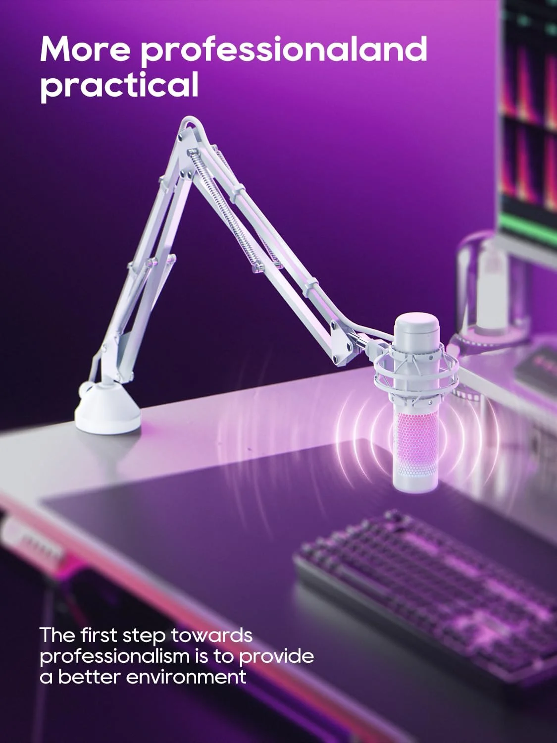 بازوی میکروفون، پایه رومیزی تاشو با آداپتور پیچ 3/8 اینچ به 5/8 اینچ، پایه میکروفون قابل تنظیم برای پادکست، بازی و ضبط - سفید